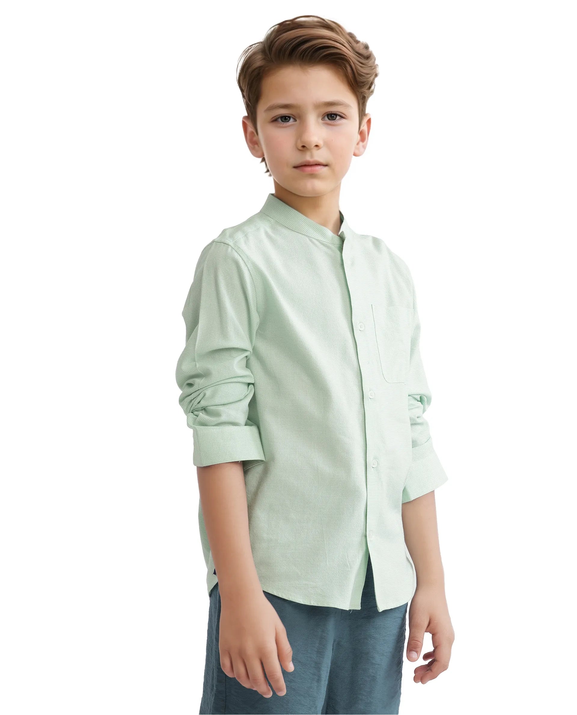 Rare Ones Kids Lynx Light Green Cotton Blend Full Sleeve Mandarin Collar Self Striped Embroidered Signature Shirt