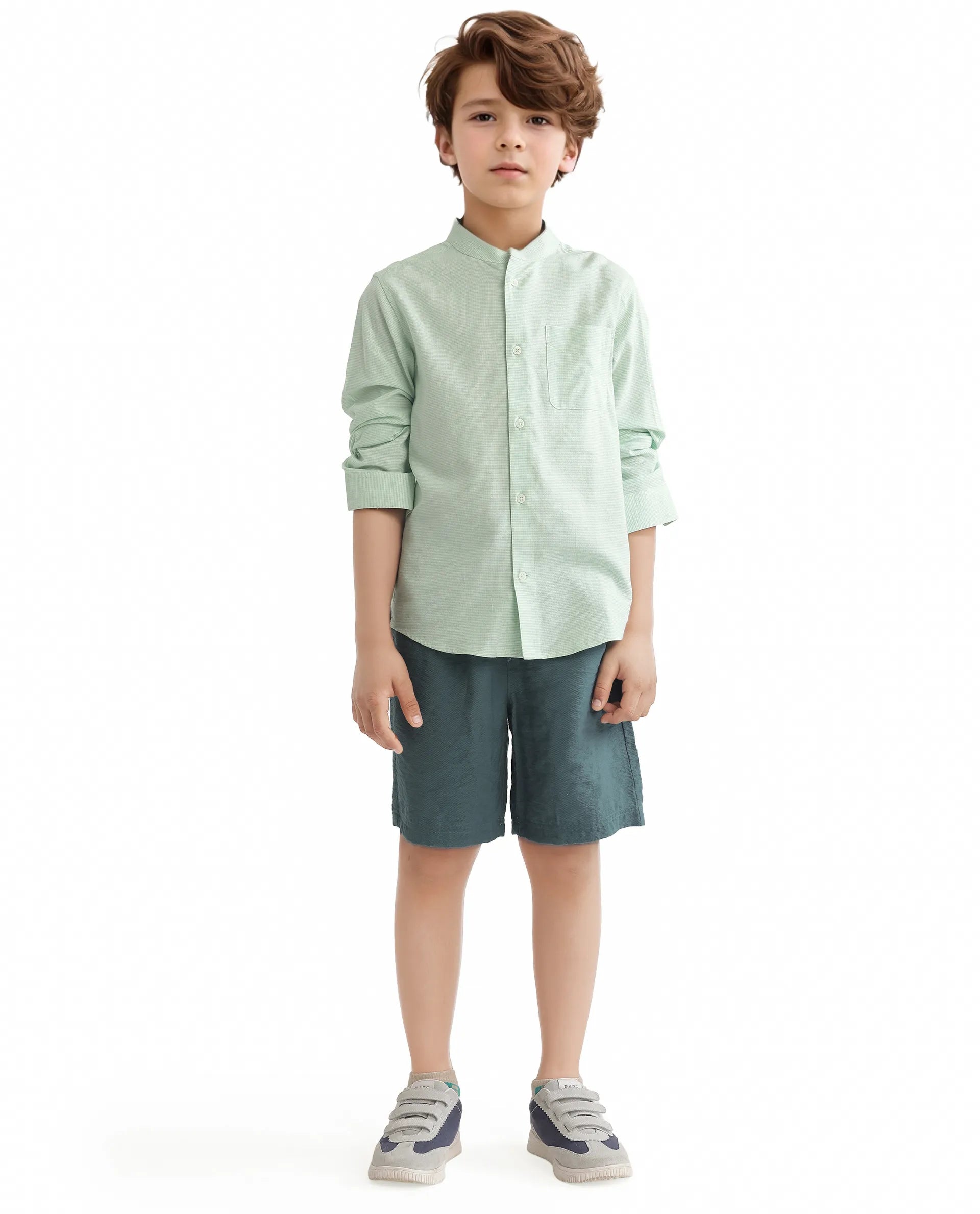 Rare Ones Kids Lynx Light Green Cotton Blend Full Sleeve Mandarin Collar Self Striped Embroidered Signature Shirt