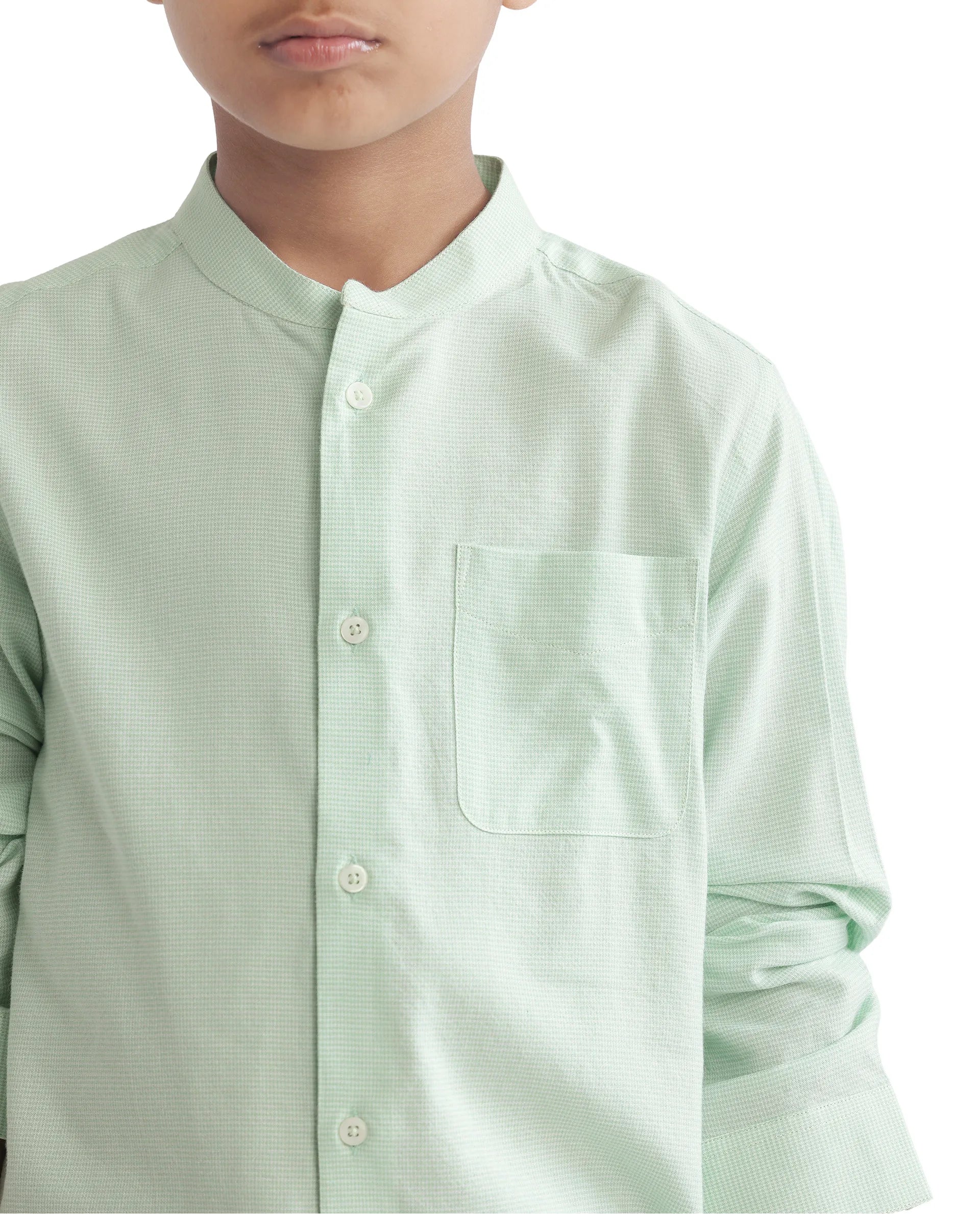 Rare Ones Kids Lynx Light Green Cotton Blend Full Sleeve Mandarin Collar Self Striped Embroidered Signature Shirt