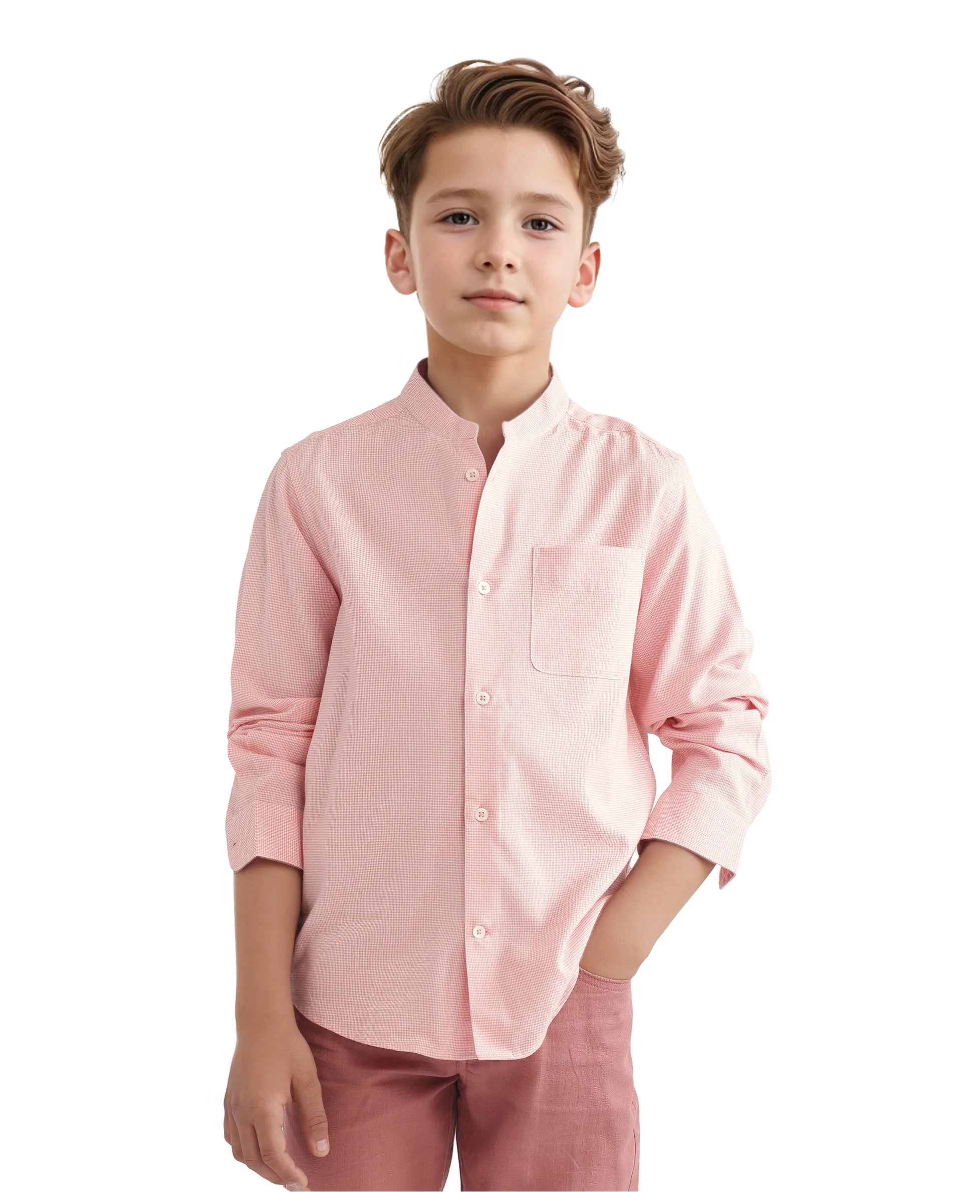 Rare Ones Kids Lynx Peach Cotton Blend Full Sleeve Mandarin Collar Self Striped Embroidered Signature Shirt