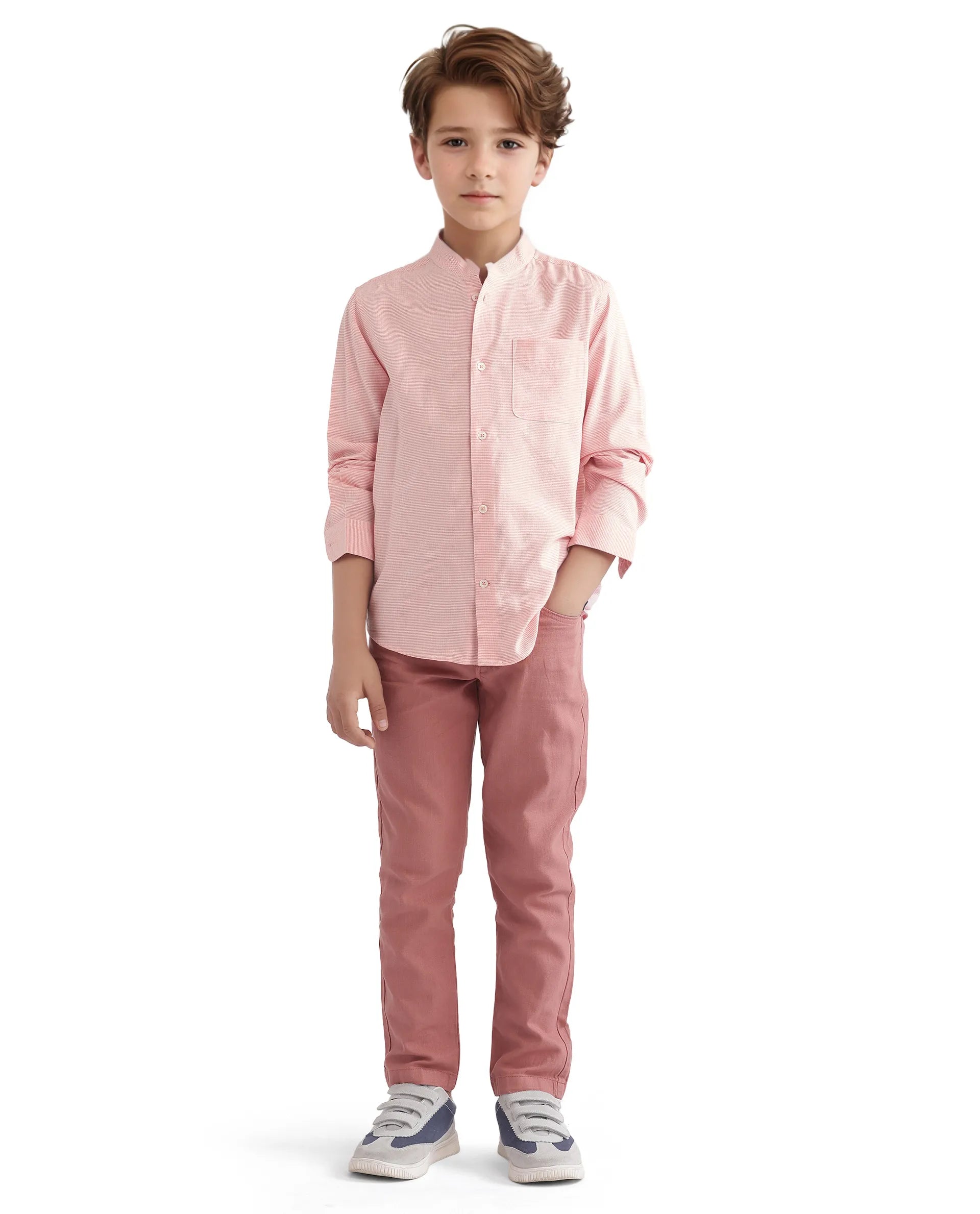 Rare Ones Kids Lynx Peach Cotton Blend Full Sleeve Mandarin Collar Self Striped Embroidered Signature Shirt