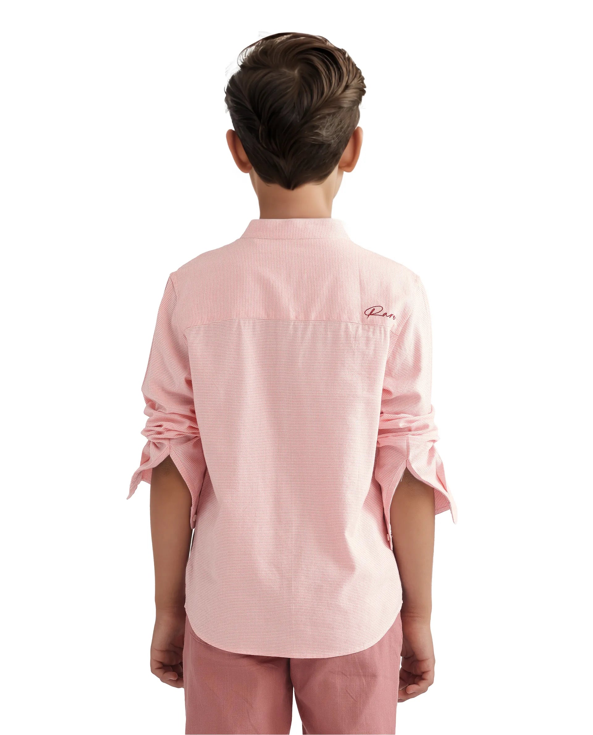 Rare Ones Kids Lynx Peach Cotton Blend Full Sleeve Mandarin Collar Self Striped Embroidered Signature Shirt