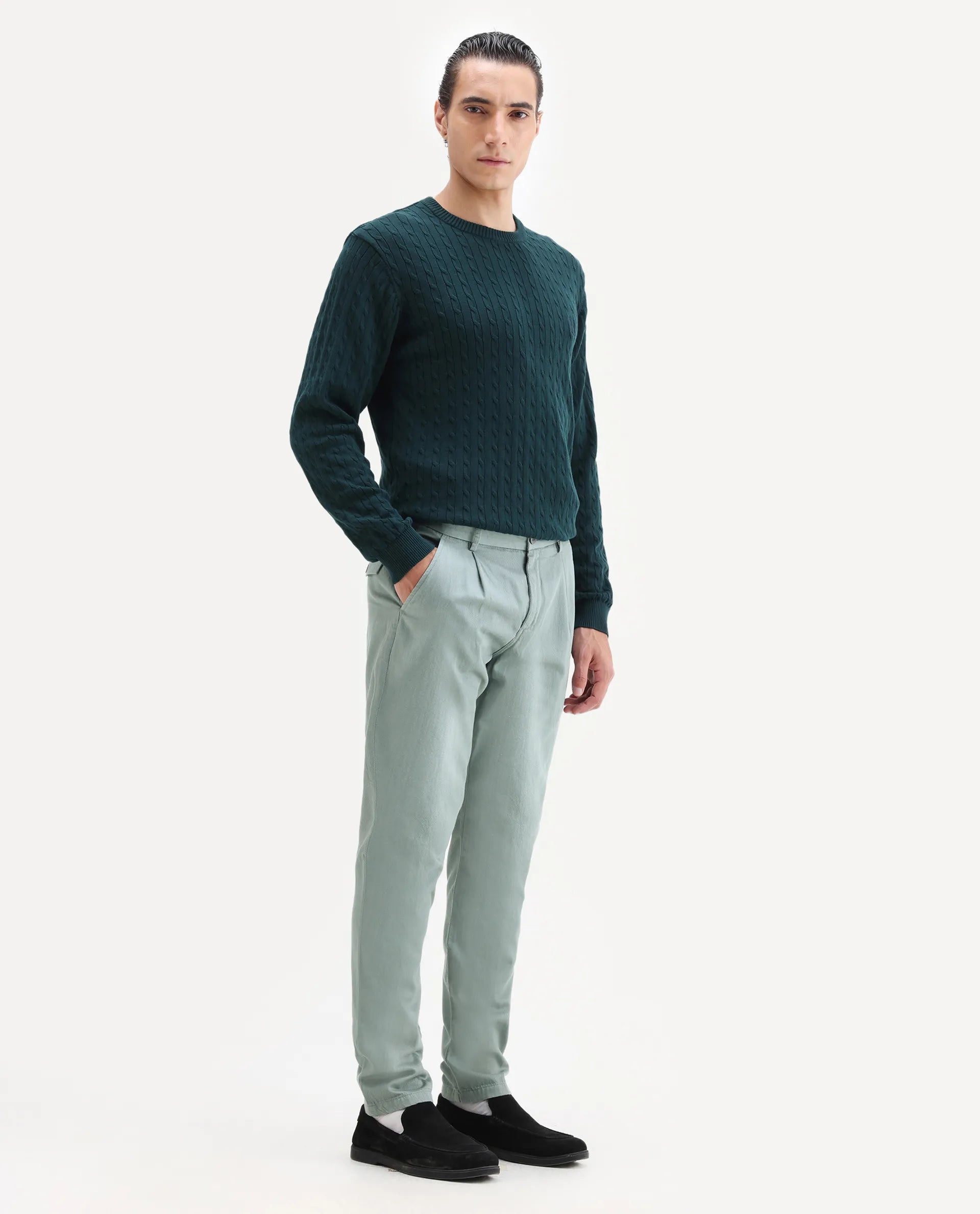 Rare Rabbit Men's Lyte Green Cotton Plain Regular Fit Trouser