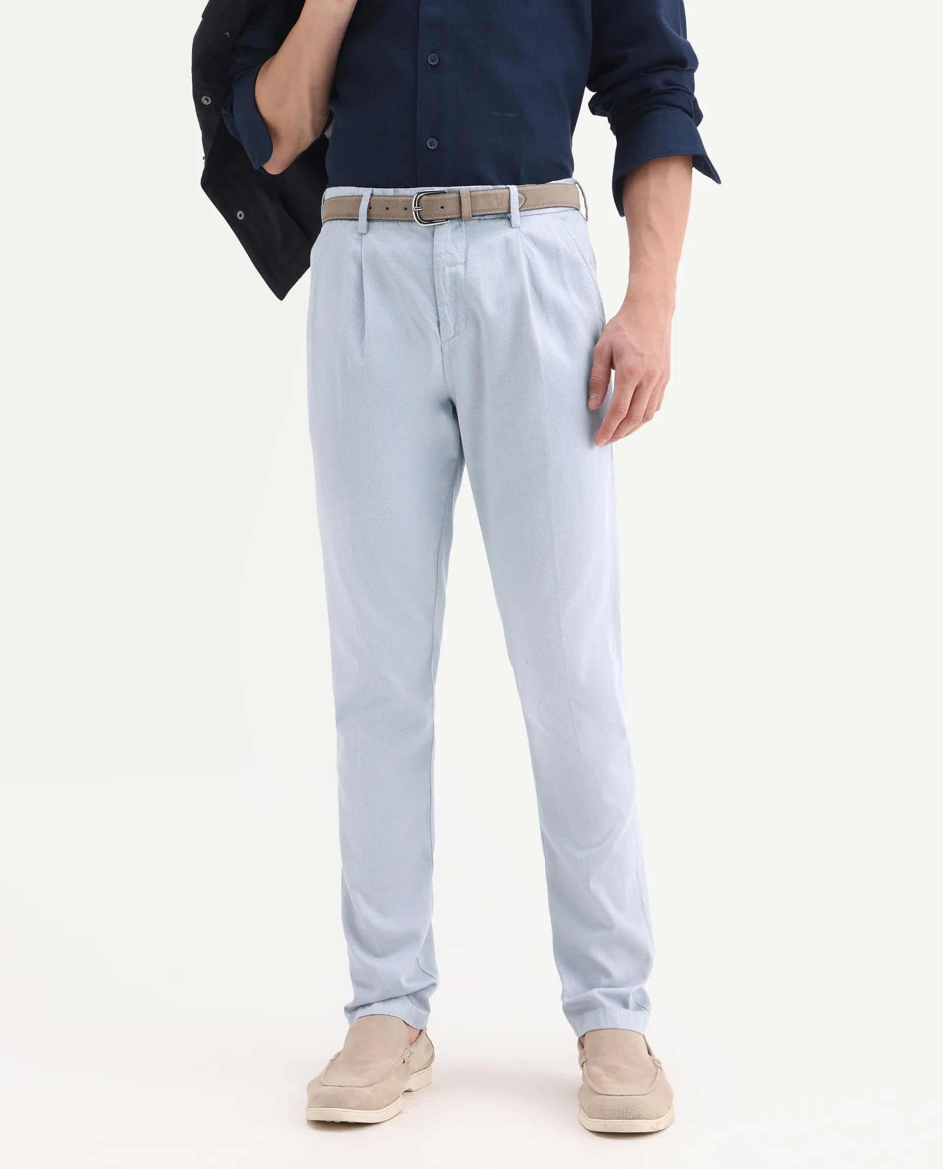 Rare Rabbit Men's Lyte Pastel Blue Cotton Plain Regular Fit Trouser