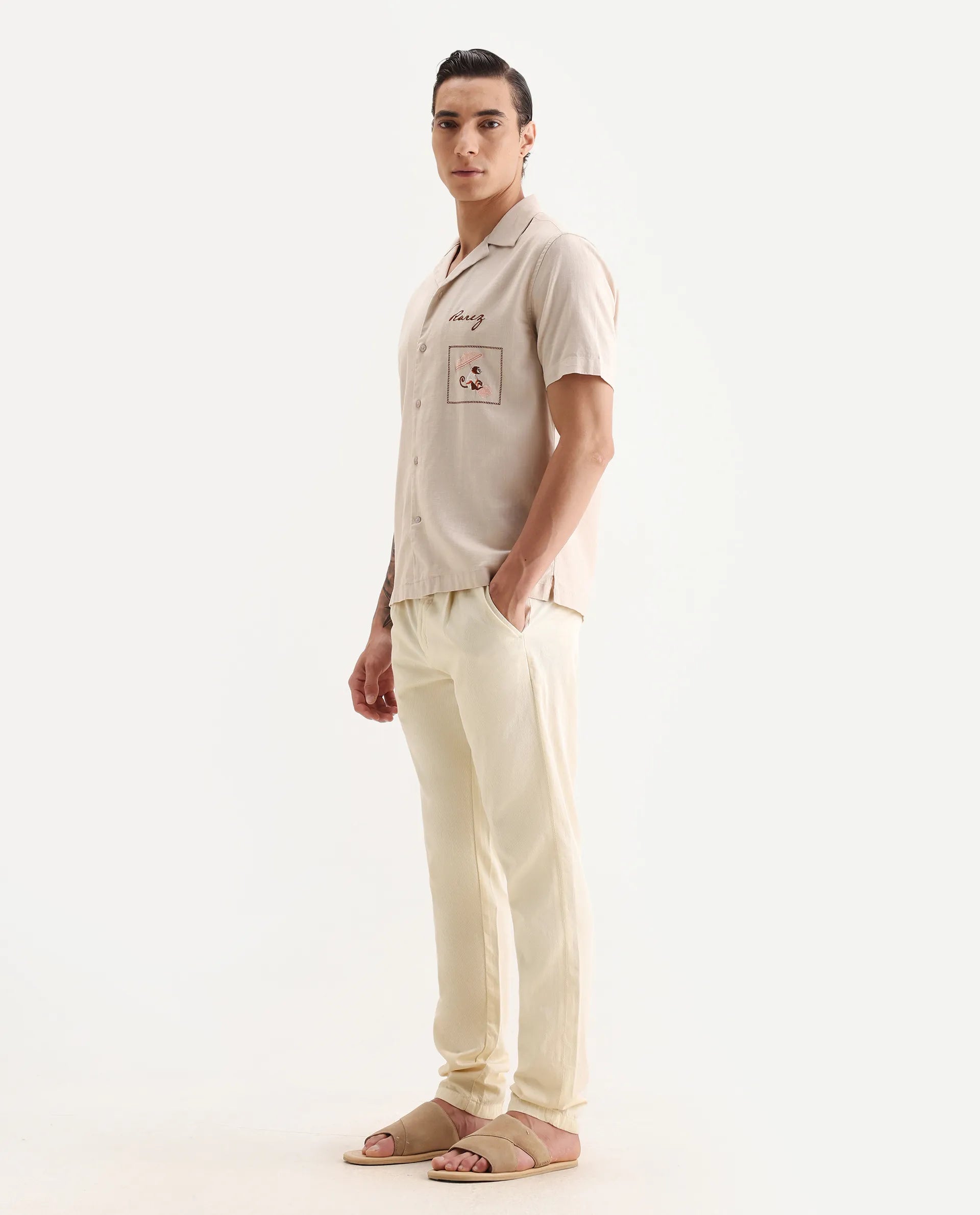 Rare Rabbit Men's Lyte Pastel Yellow Cotton Plain Regular Fit Trouser