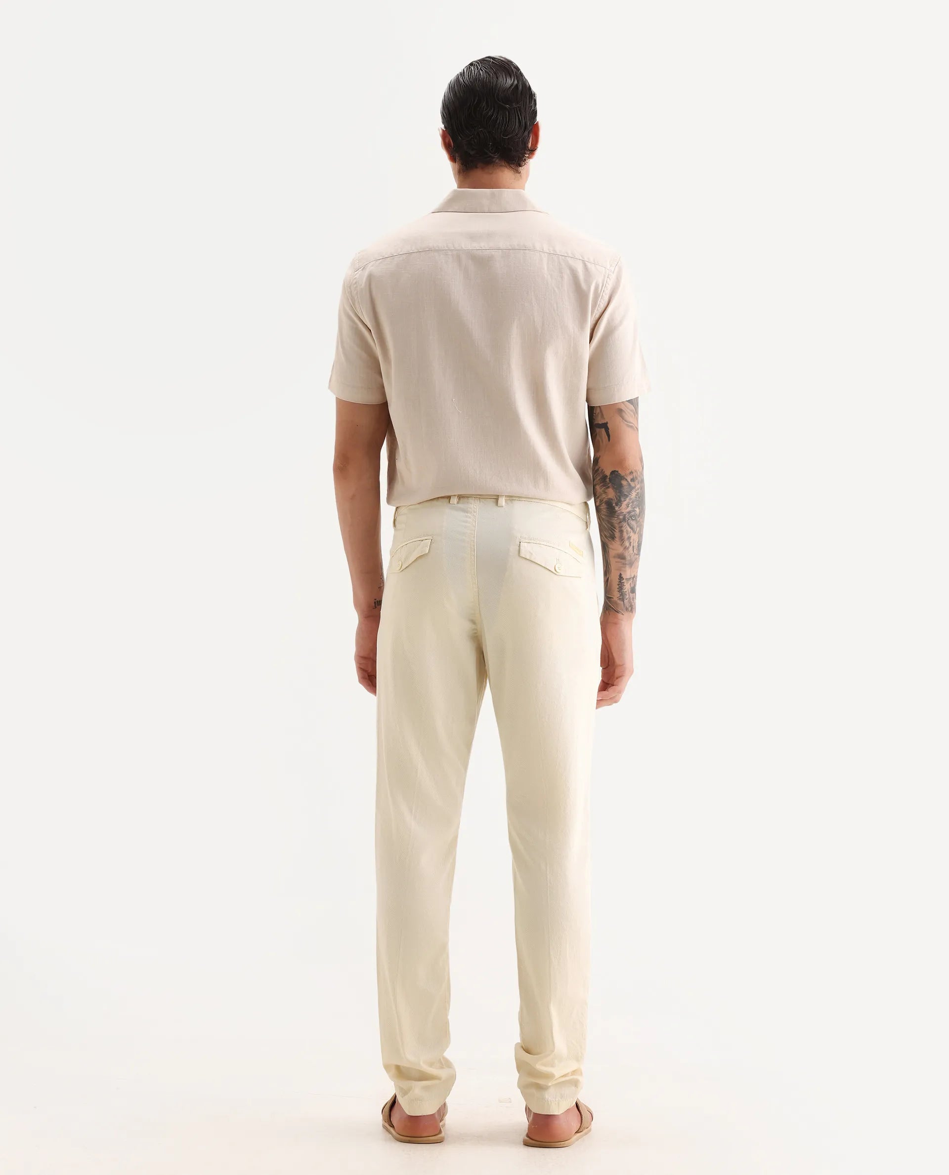 Rare Rabbit Men's Lyte Pastel Yellow Cotton Plain Regular Fit Trouser