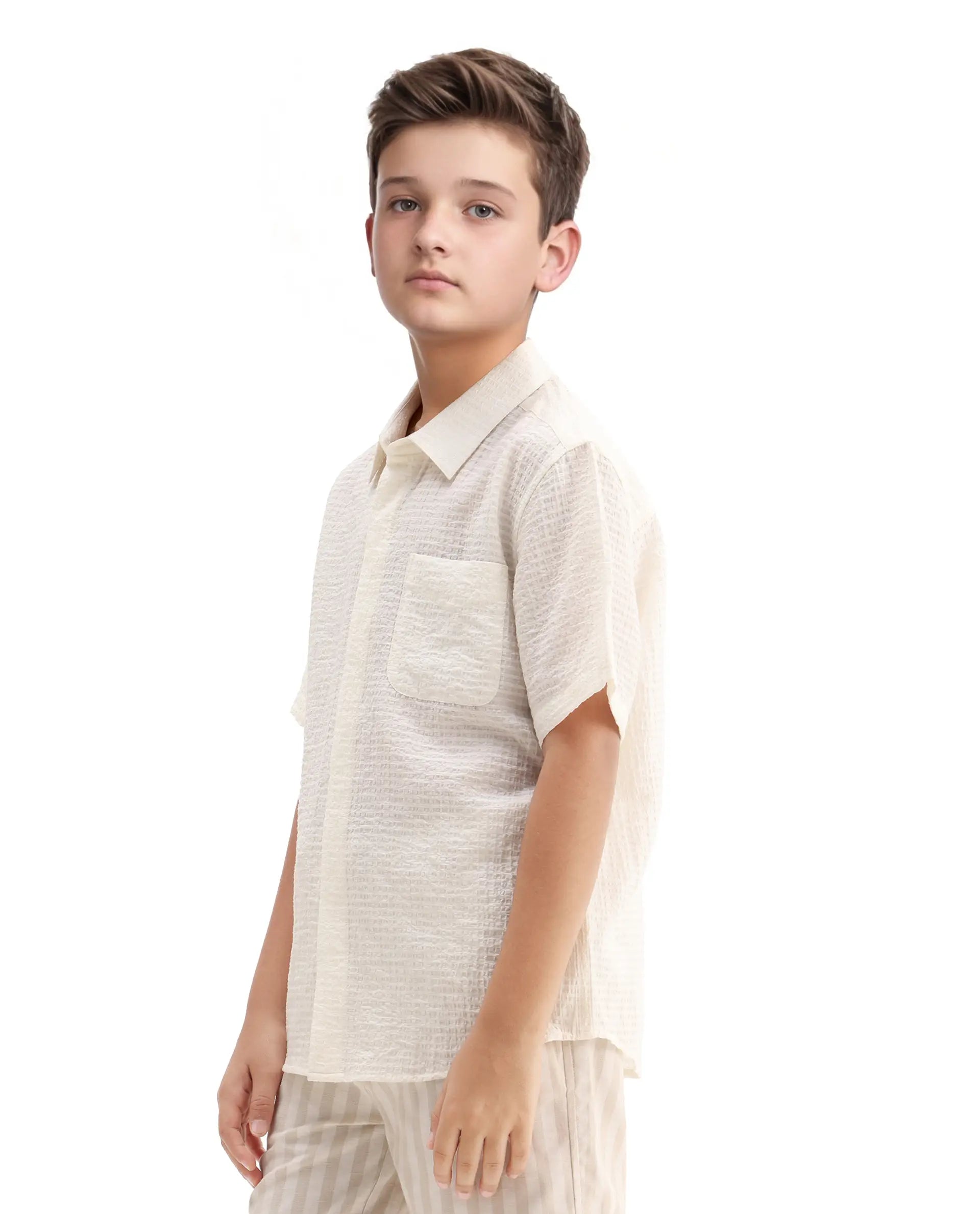 Rare Ones Kids Lyth Off White Cotton Blend Half Sleeve Striped Regular Fit Shirt