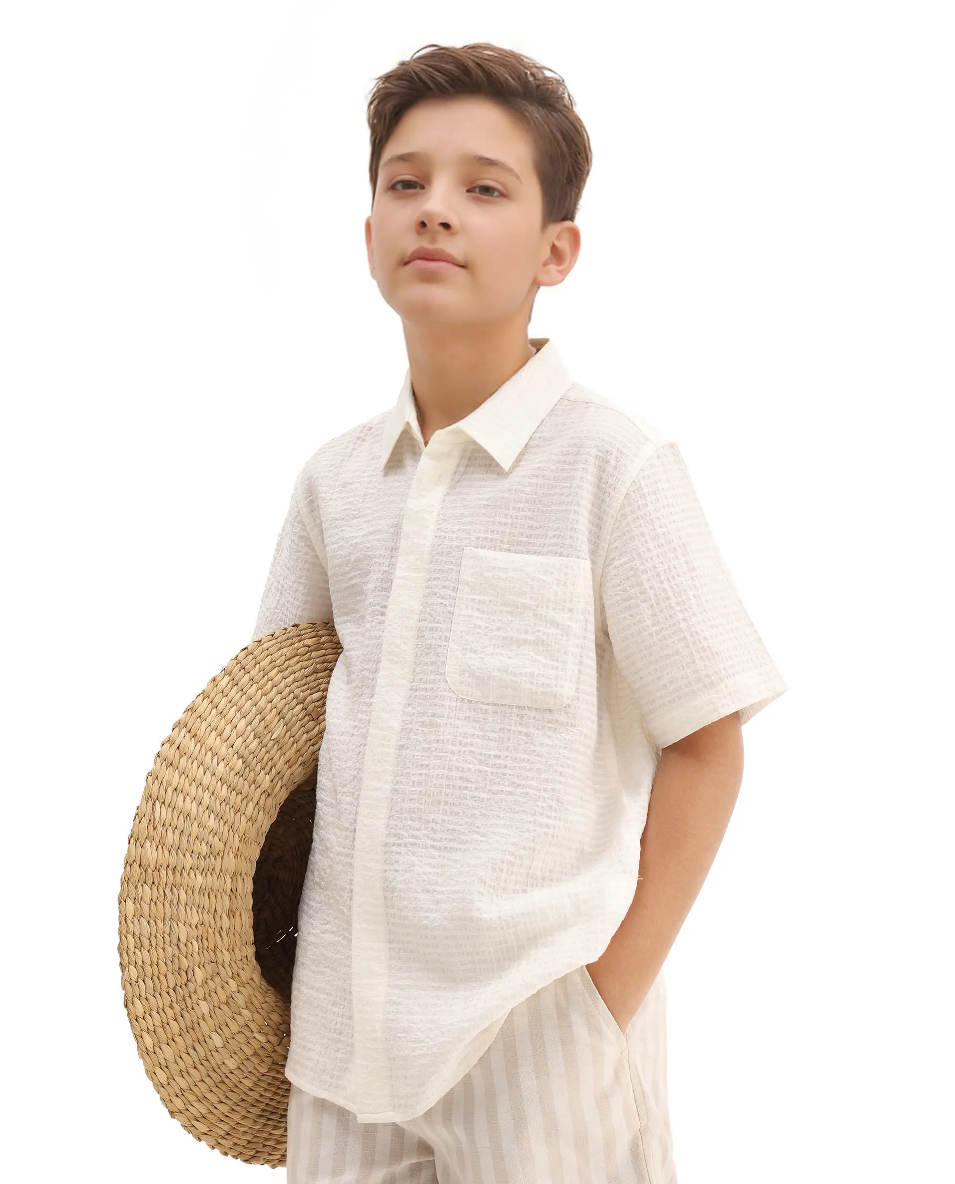 Rare Ones Kids Lyth Off White Cotton Blend Half Sleeve Striped Regular Fit Shirt
