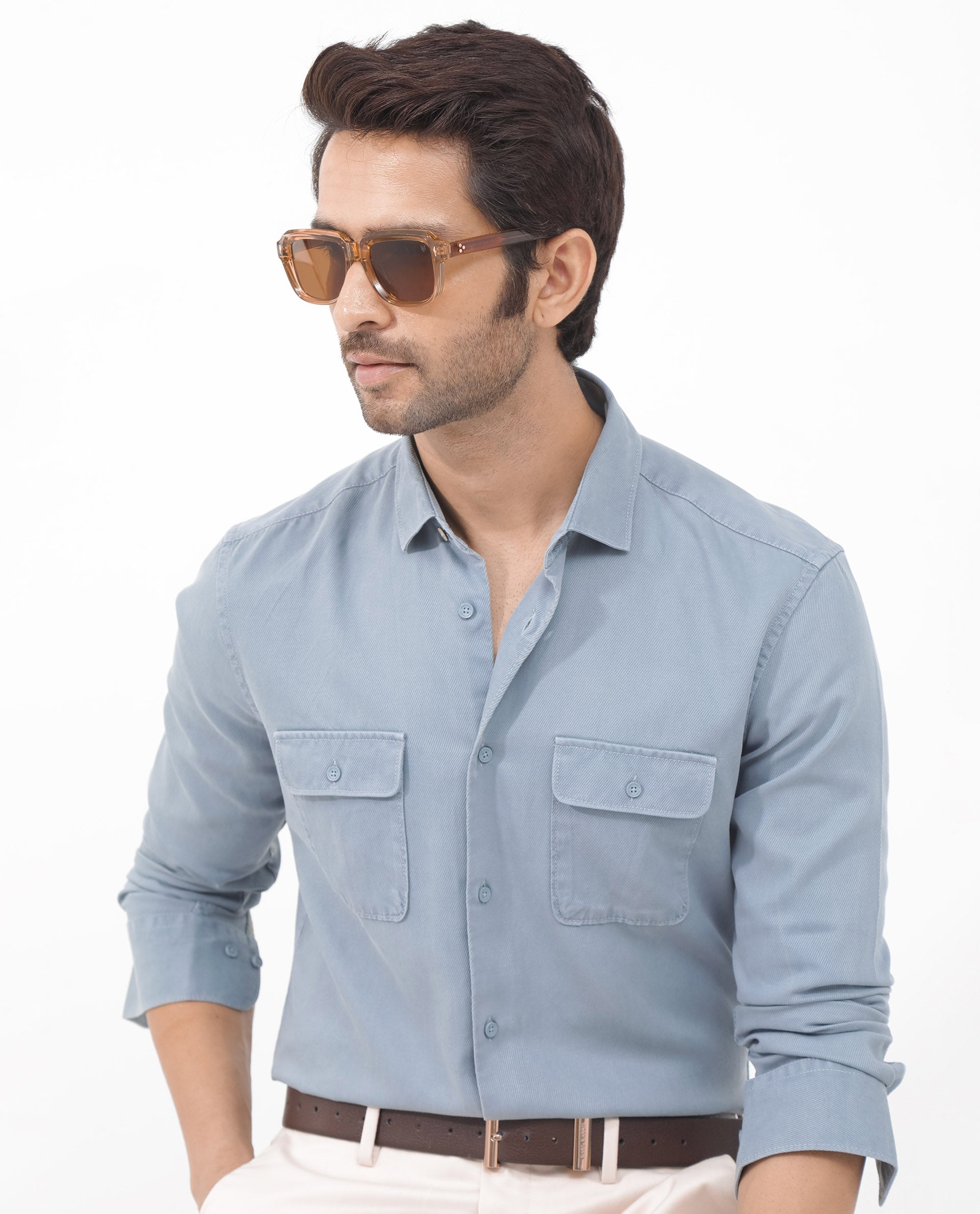 Rare Rabbit Mens Lyton-2 Dusky Blue Full Sleeve Over Dyed Front Flap Pocket Solid Shirt