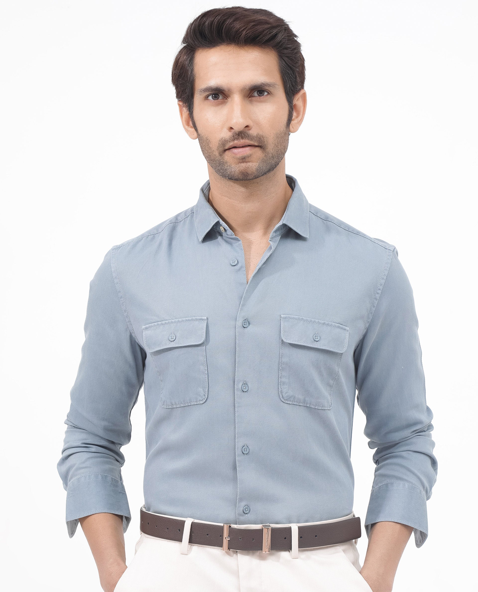 Rare Rabbit Mens Lyton-2 Dusky Blue Full Sleeve Over Dyed Front Flap Pocket Solid Shirt