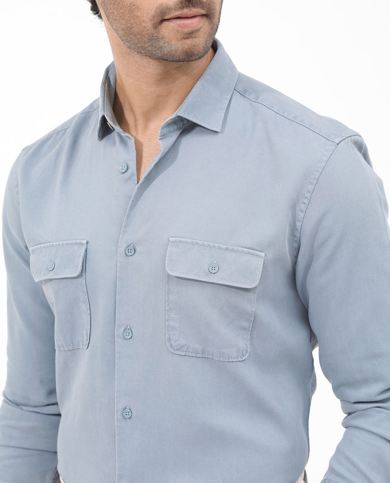 Rare Rabbit Mens Lyton-2 Dusky Blue Shirt Full Sleeve Over Dyed Front Flap Pocket Solid