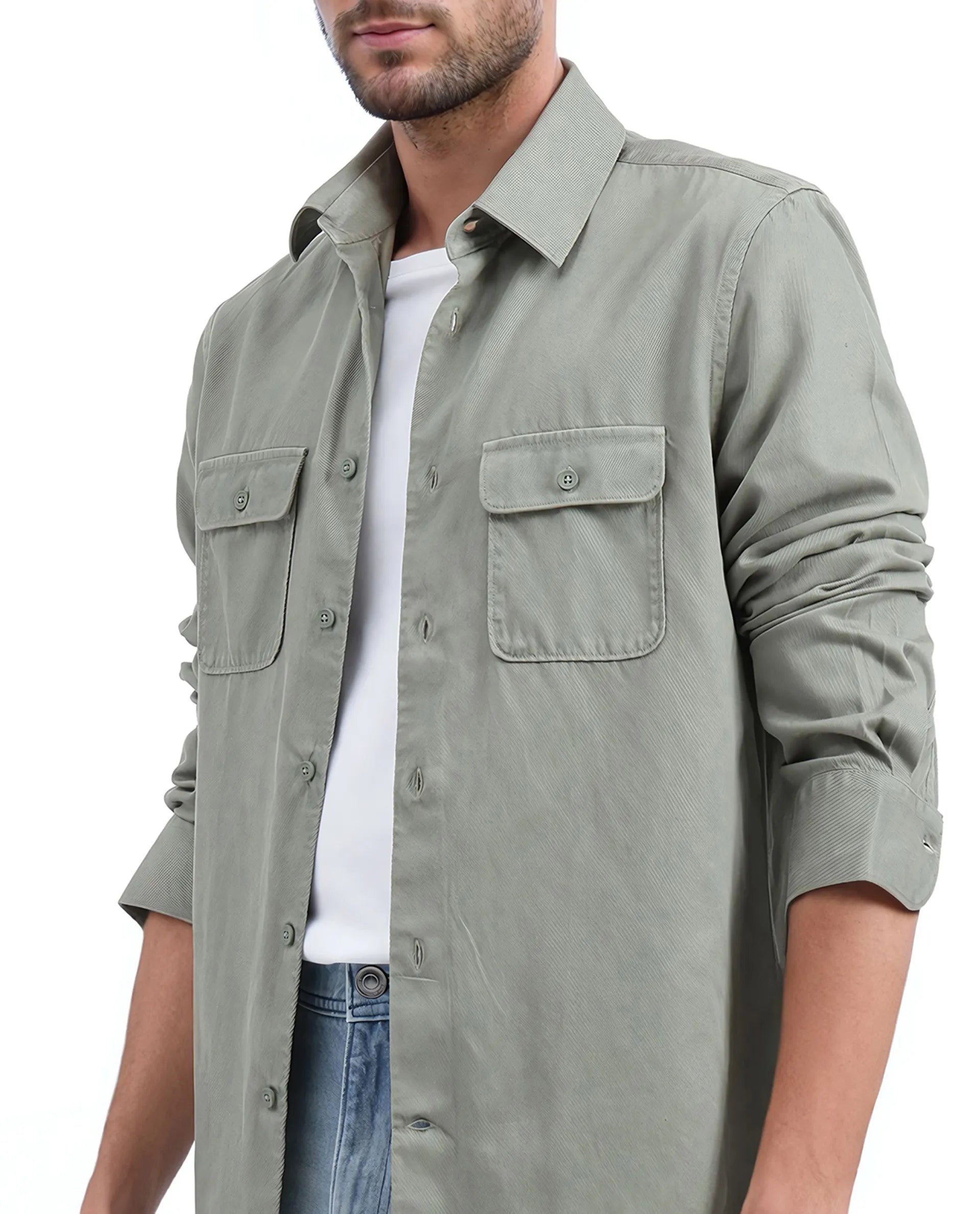 Rare Rabbit Men Lyton-25 Dusky Green Excel Cotton Fabric Full Sleeves Collared Neck Button Closure Plain Shirt