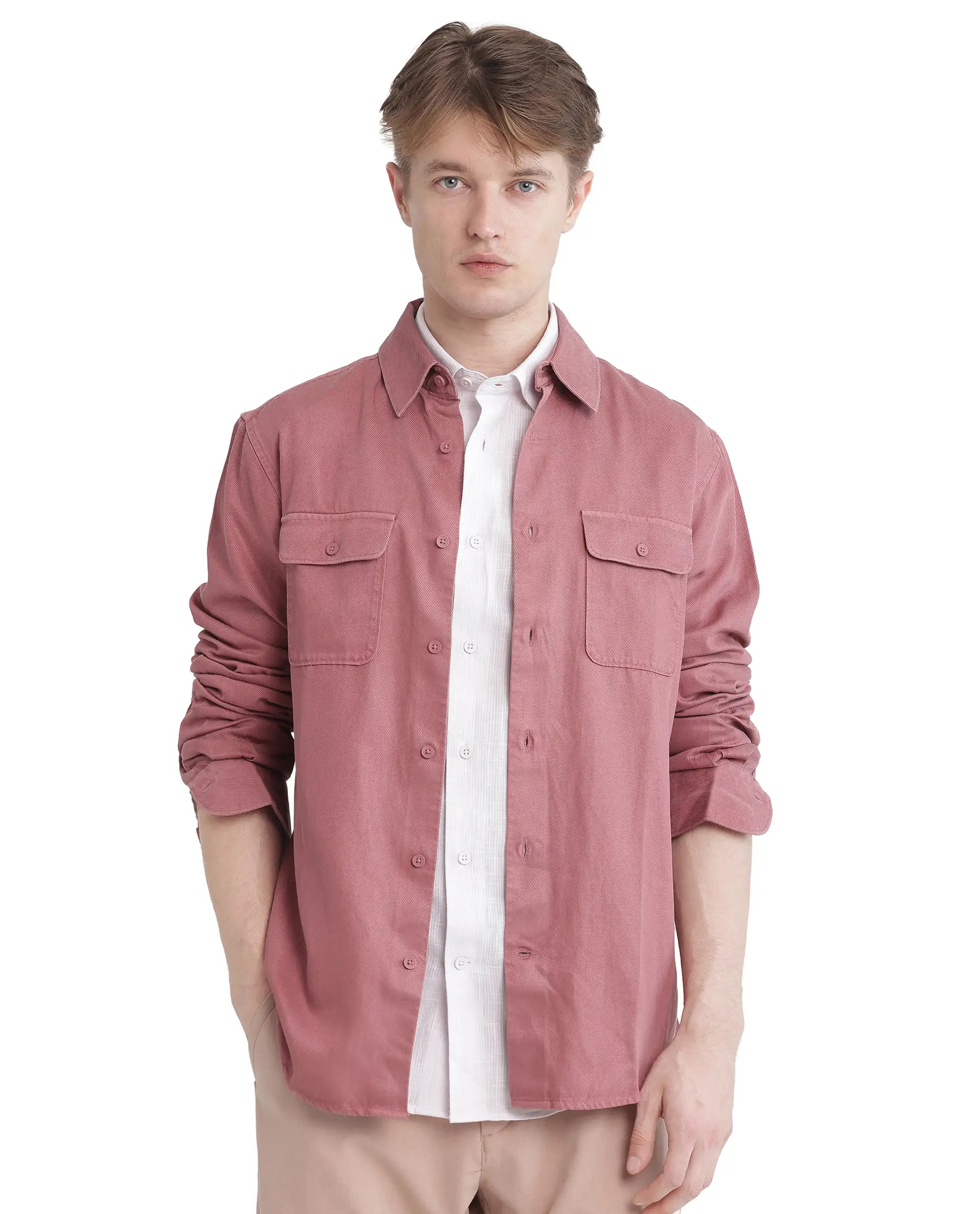 Rare Rabbit Men Lyton-25 Dusky Pink Excel Cotton Fabric Full Sleeves Collared Neck Button Closure Plain Shirt