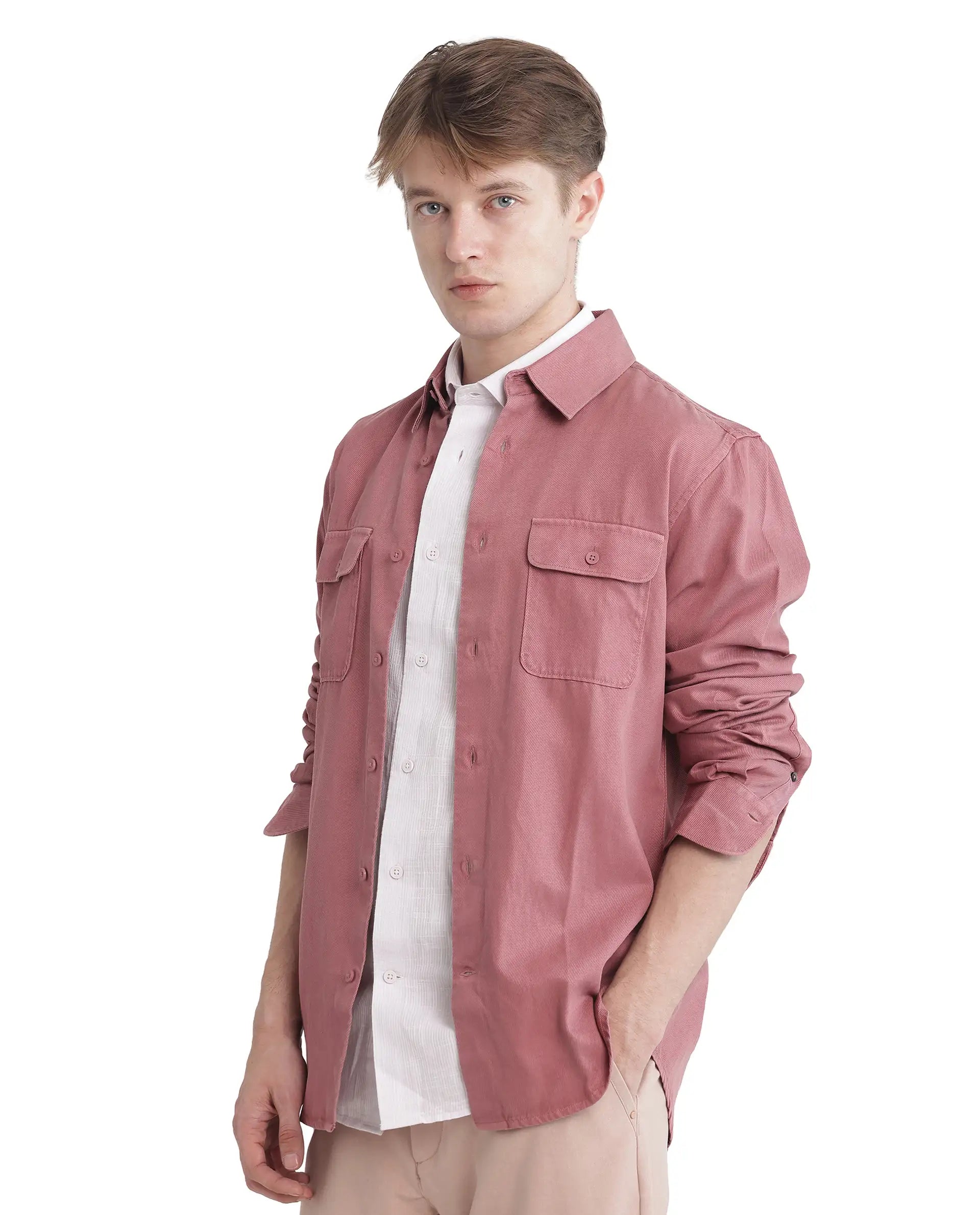 Rare Rabbit Men Lyton-25 Dusky Pink Excel Cotton Fabric Full Sleeves Collared Neck Button Closure Plain Shirt