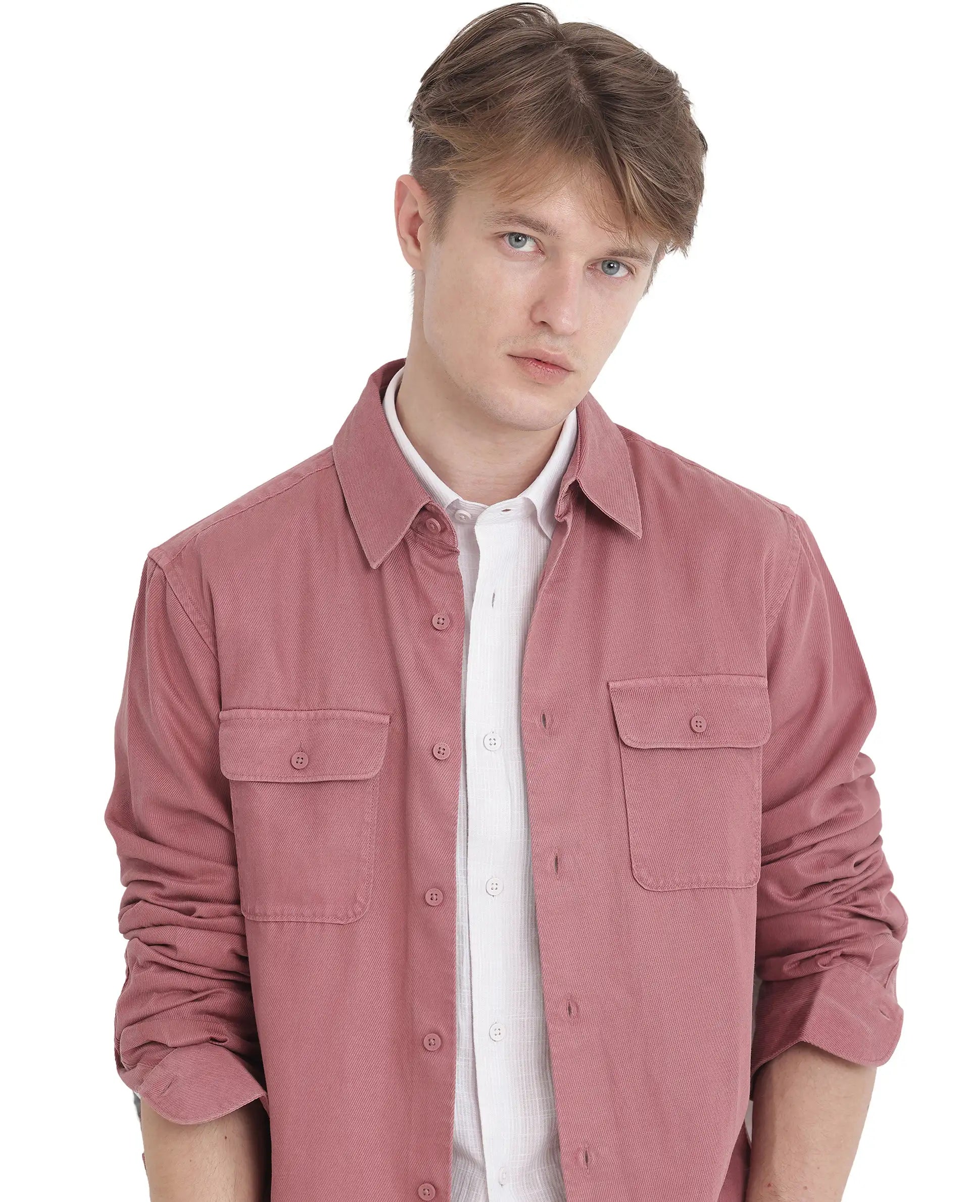 Rare Rabbit Men Lyton-25 Dusky Pink Excel Cotton Fabric Full Sleeves Collared Neck Button Closure Plain Shirt