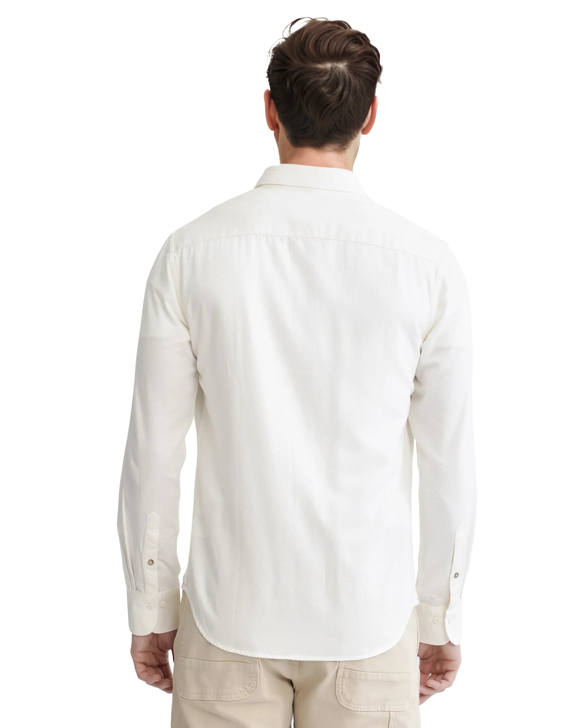 Rare Rabbit Men's Lyton-3 Off White Cotton Fabric Full Sleeve Collared Neck Plain Shirt