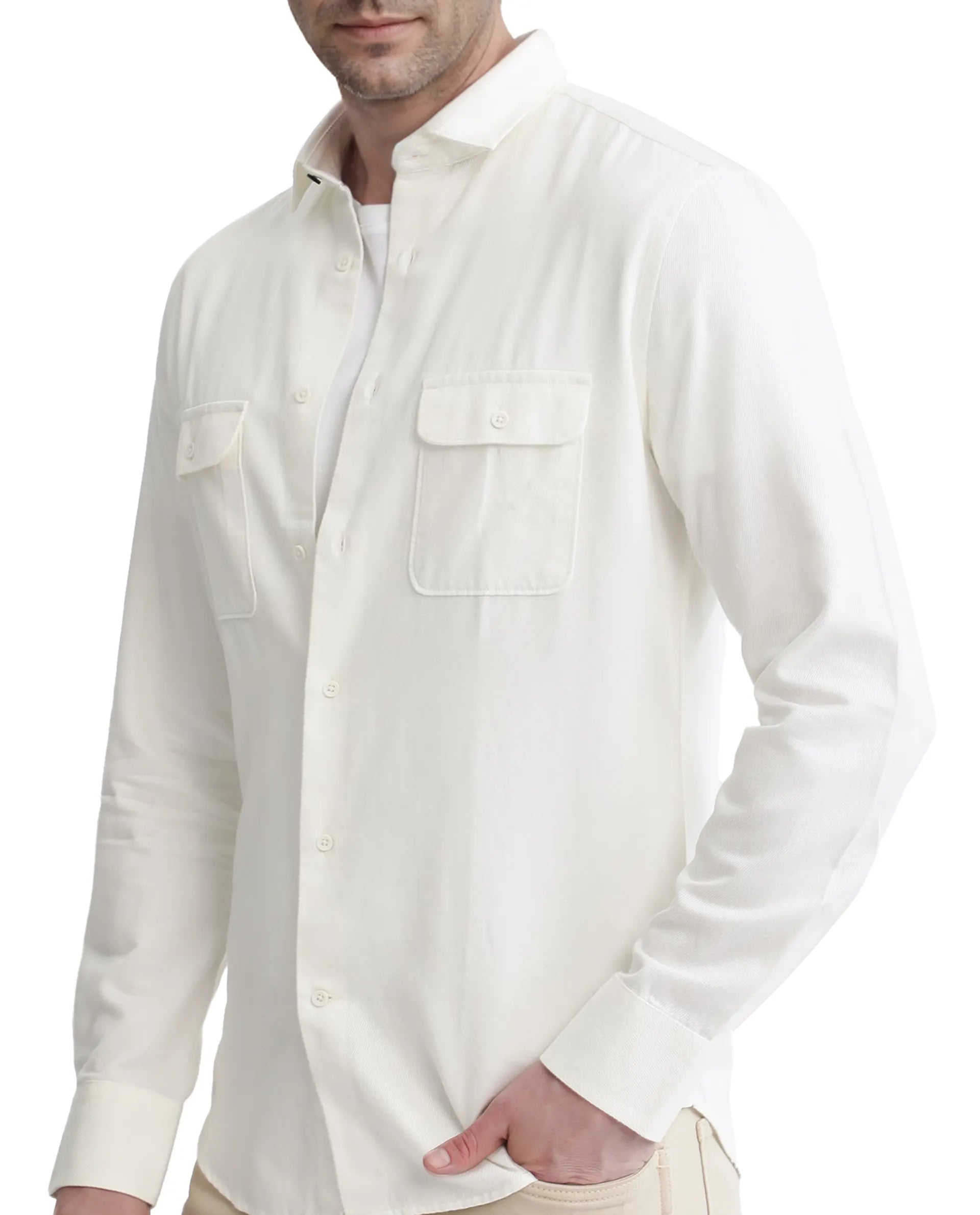 Rare Rabbit Men's Lyton-3 Off White Cotton Fabric Full Sleeve Collared Neck Plain Shirt