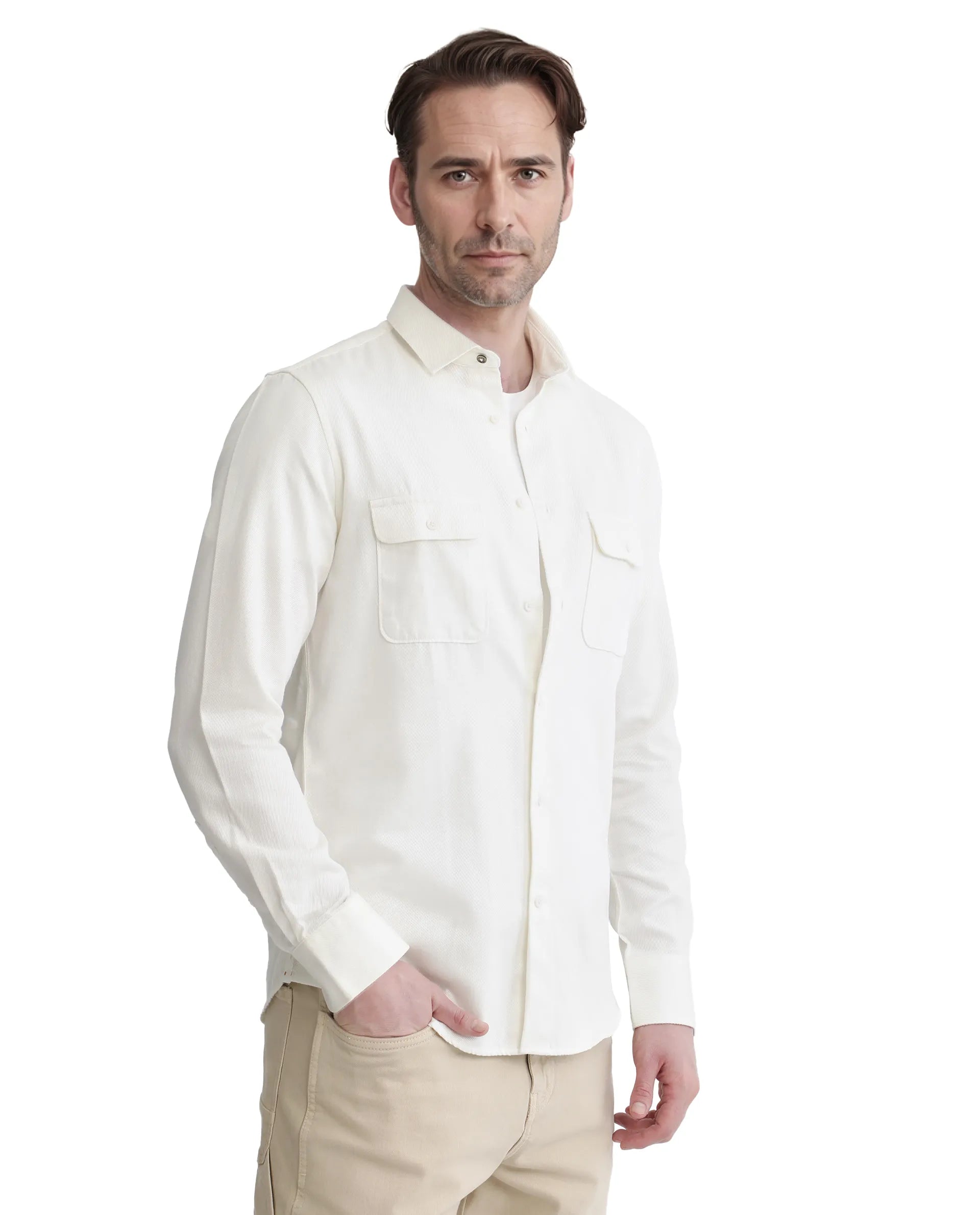 Rare Rabbit Men's Lyton-3 Off White Cotton Fabric Full Sleeve Collared Neck Plain Shirt