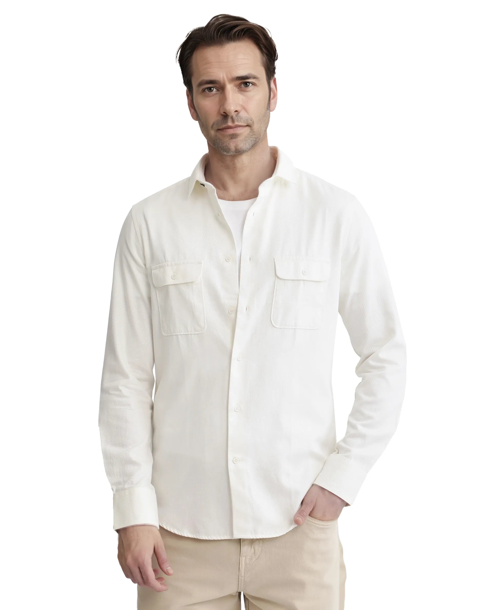 Rare Rabbit Men's Lyton-3 Off White Cotton Fabric Full Sleeve Collared Neck Plain Shirt