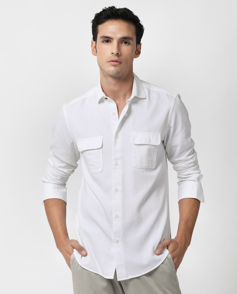 Rare Rabbit Men's Lyton White Cotton Fabric Full Sleeves Solid Twill Shirt