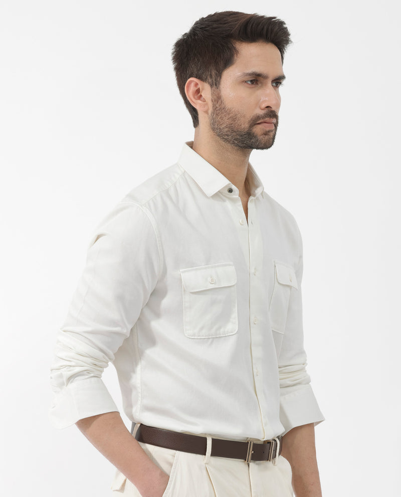 Rare Rabbit Men's Lyton-2 Off White Cotton Fabric Full Sleeves Two Flap Pocket Solid Twill Shirt