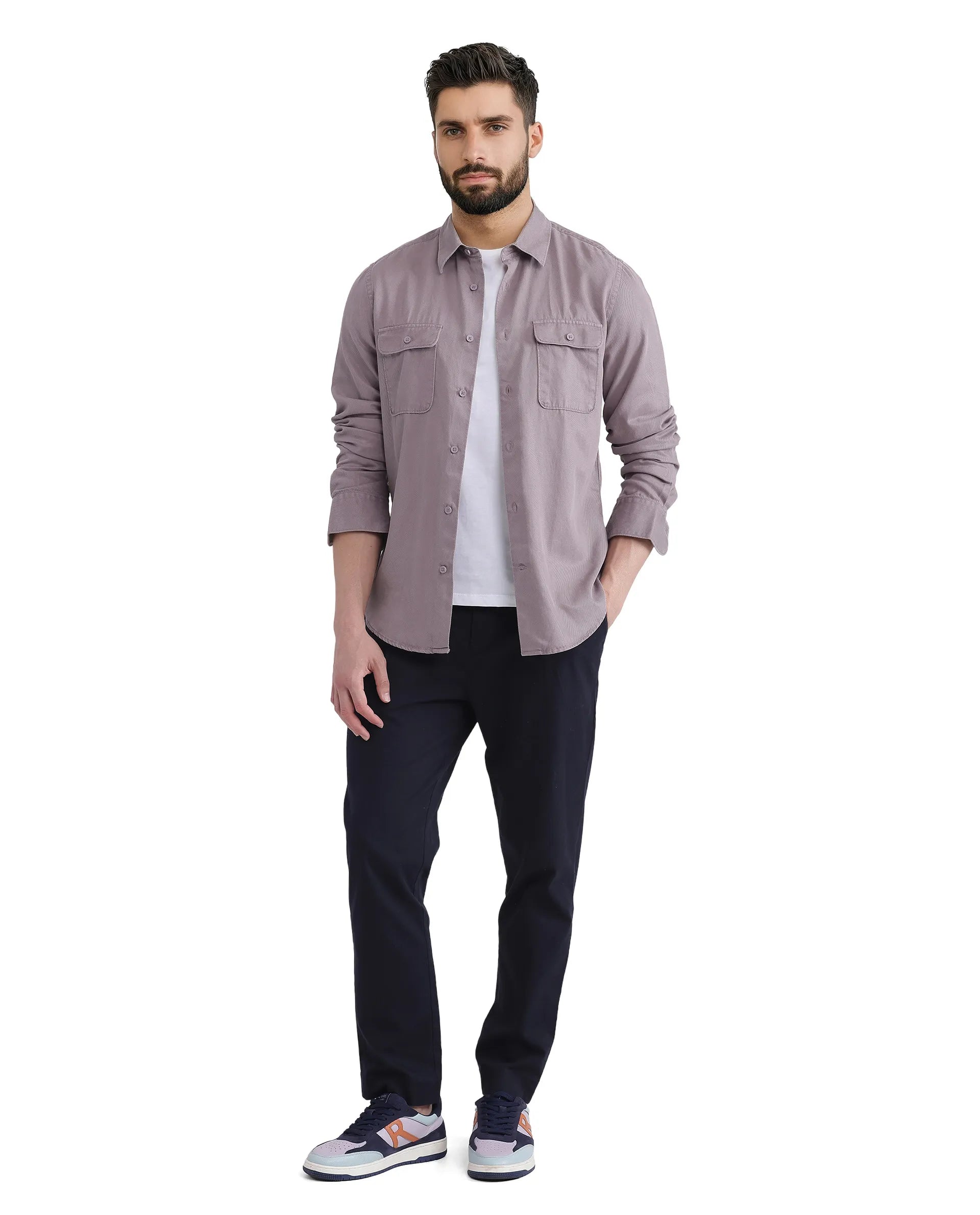 Rare Rabbit Men Lyton-25 Dusky Purple Excel Cotton Fabric Full Sleeves Collared Neck Button Closure Plain Shirt