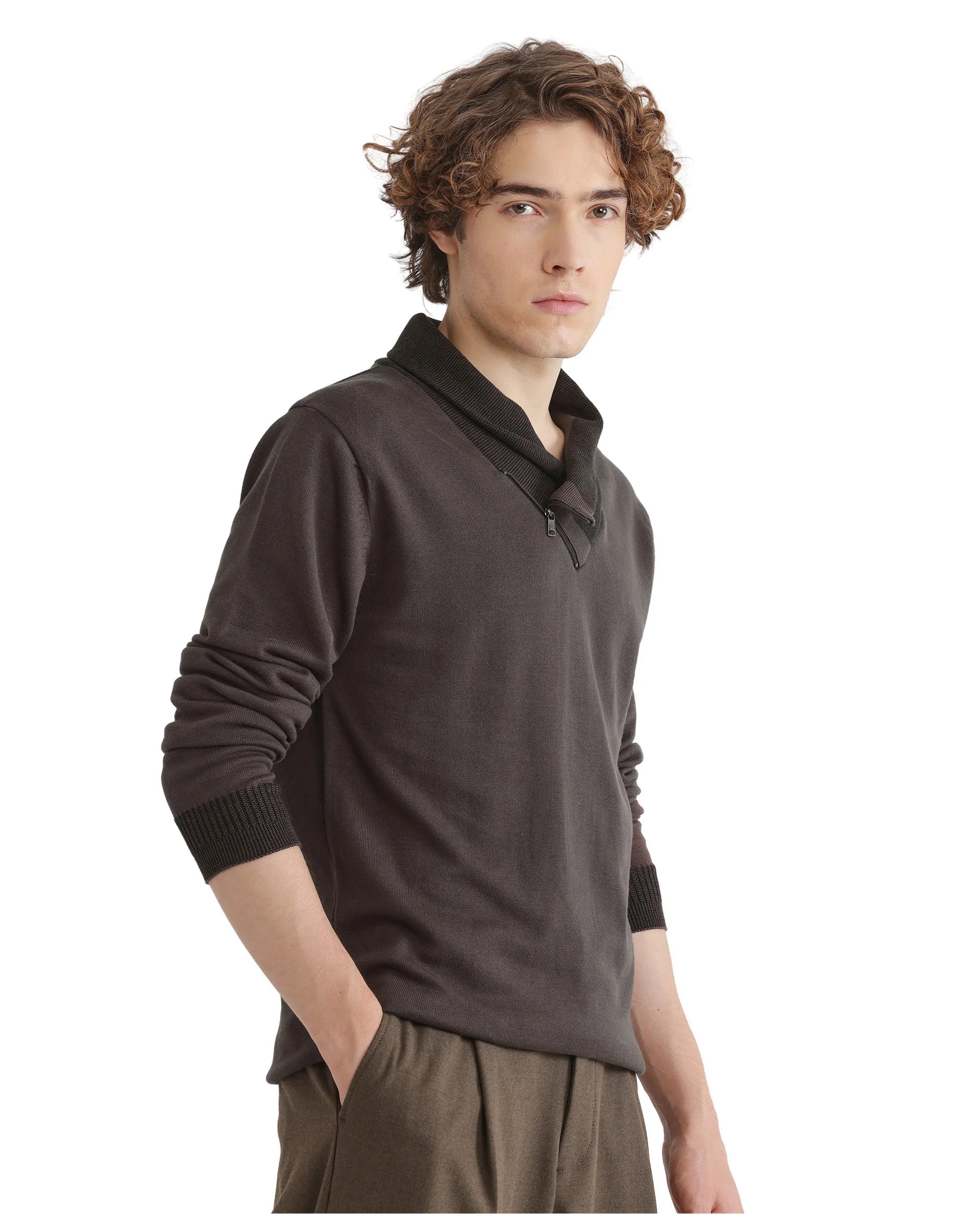 Rare Rabbit Men's Lyzo Brown Full Sleeve Contrasting Cowl Neck Regular Fit Plain Sweater