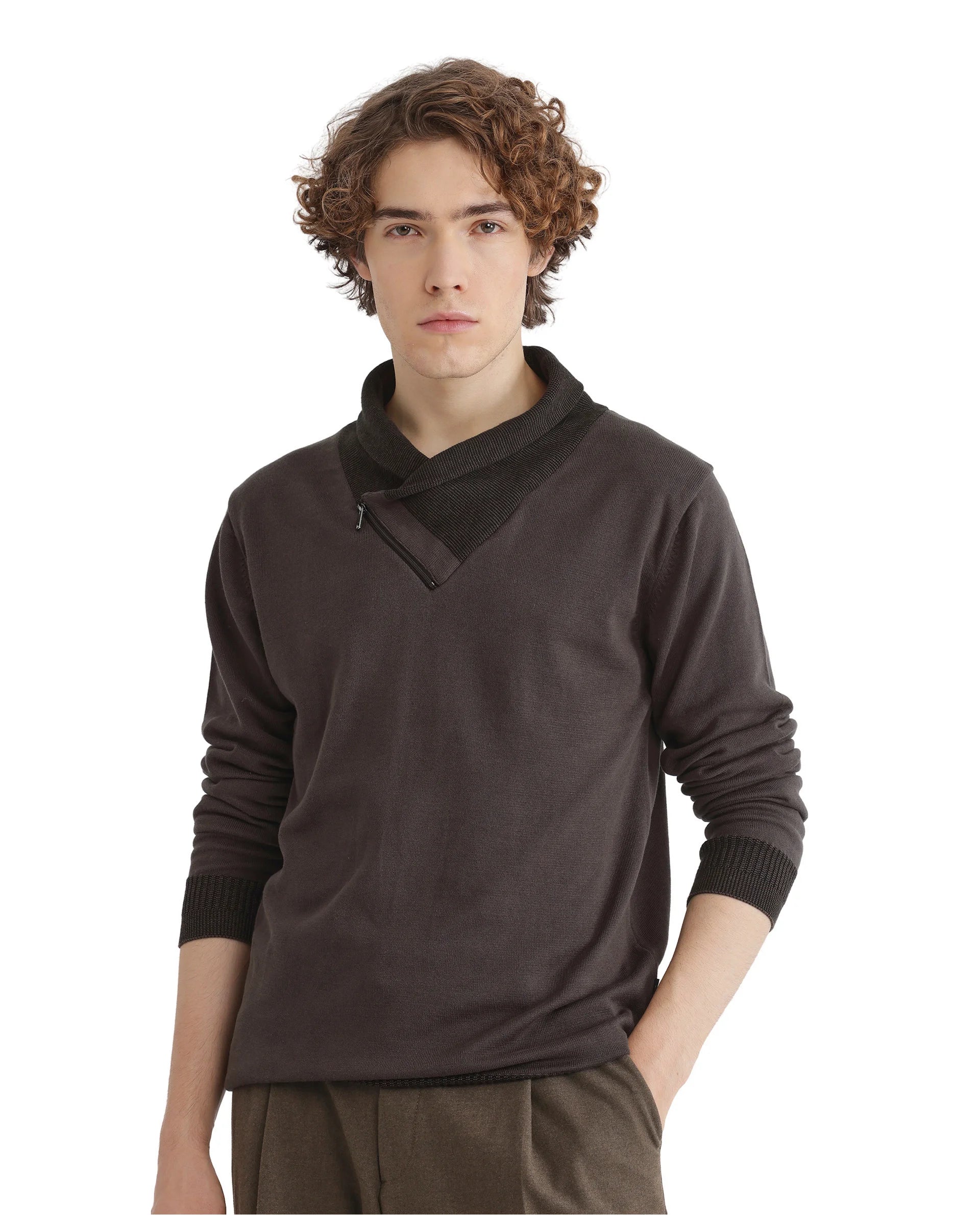 Rare Rabbit Men's Lyzo Brown Full Sleeve Contrasting Cowl Neck Regular Fit Plain Sweater