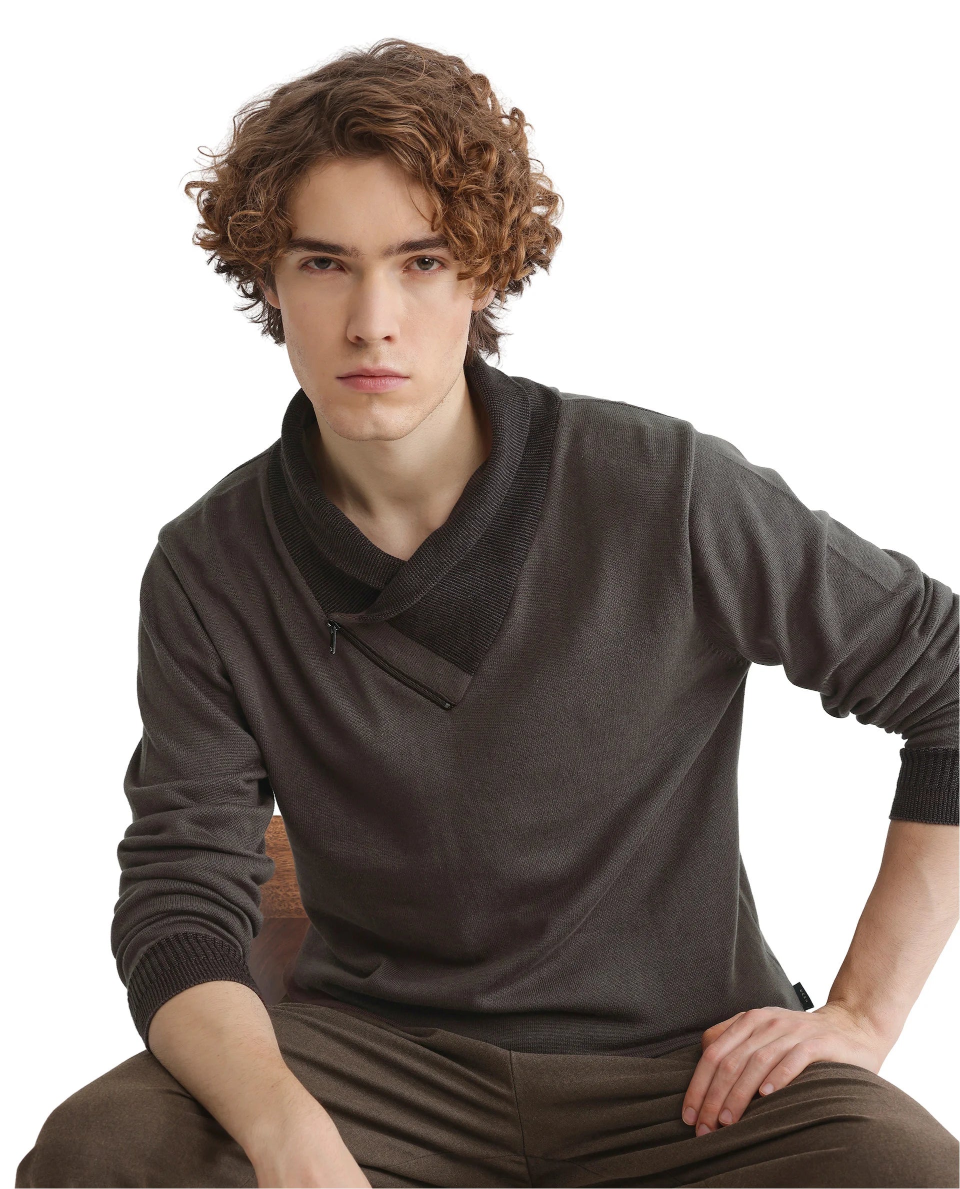Rare Rabbit Men's Lyzo Brown Full Sleeve Contrasting Cowl Neck Regular Fit Plain Sweater