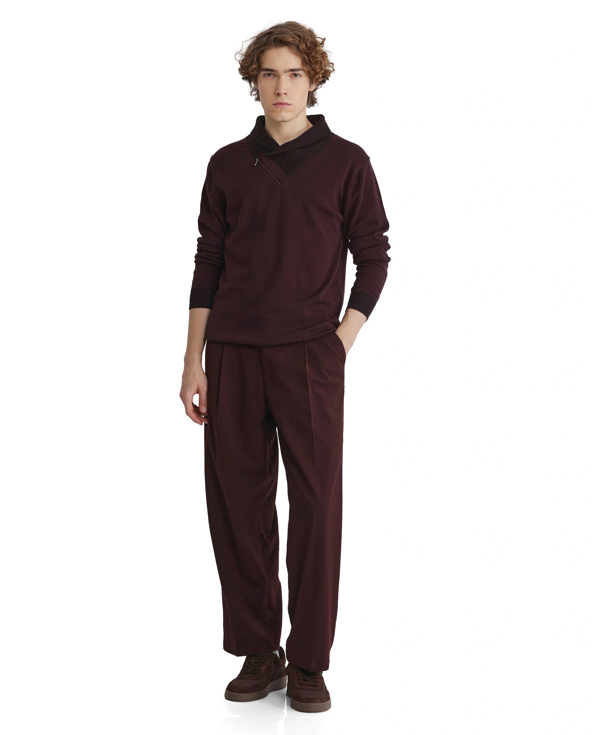 Rare Rabbit Men's Lyzo Maroon Full Sleeve Cowl Neck Regular Fit Plain Sweater