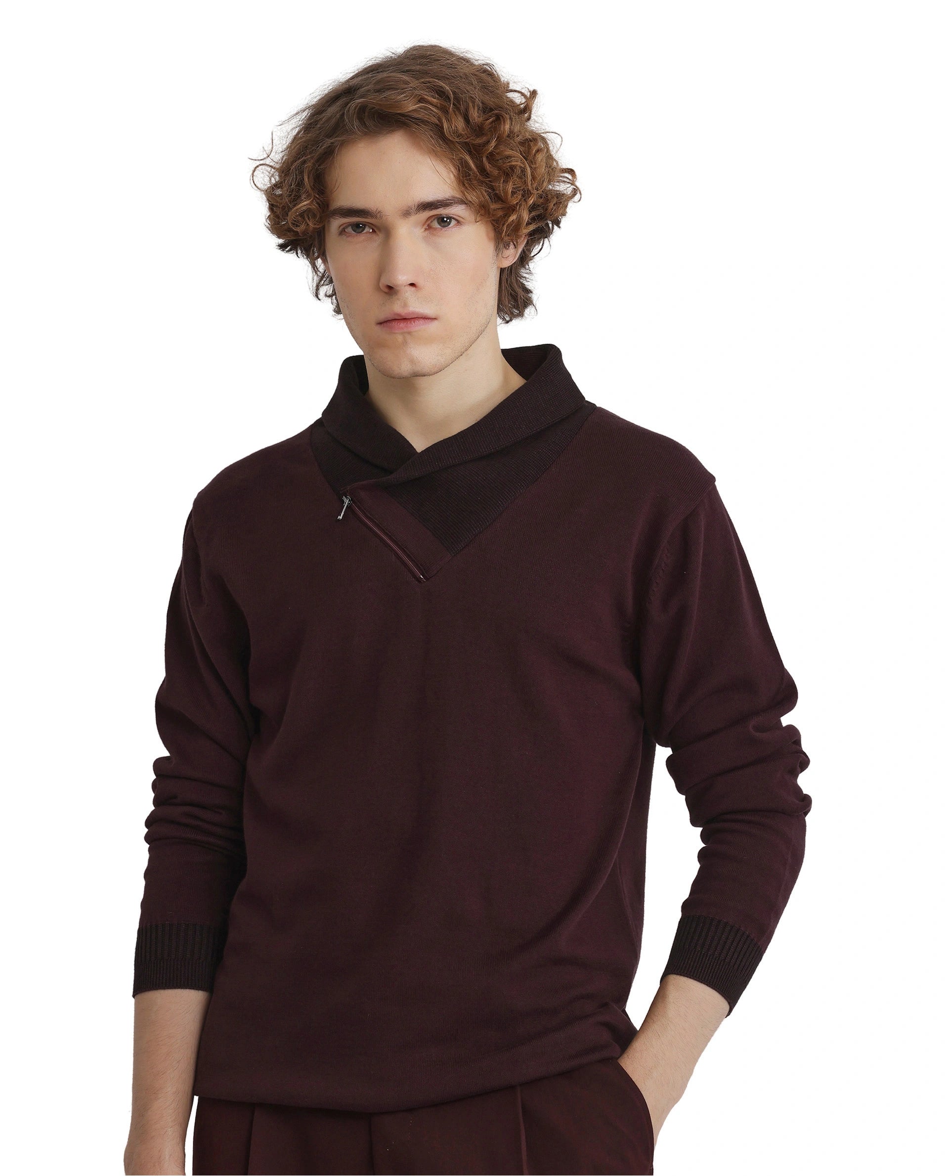 Rare Rabbit Men's Lyzo Maroon Full Sleeve Cowl Neck Regular Fit Plain Sweater