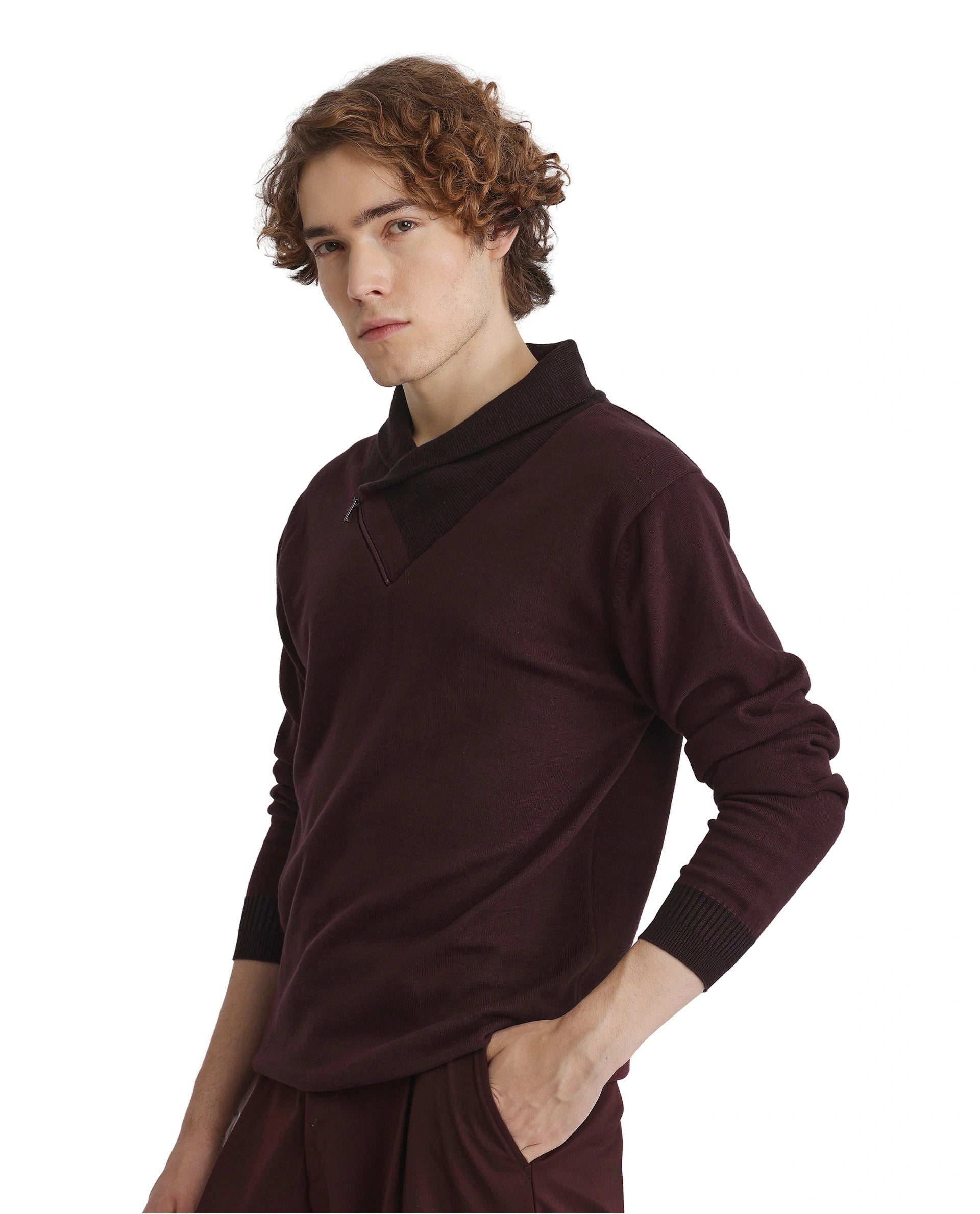 Rare Rabbit Men's Lyzo Maroon Full Sleeve Cowl Neck Regular Fit Plain Sweater