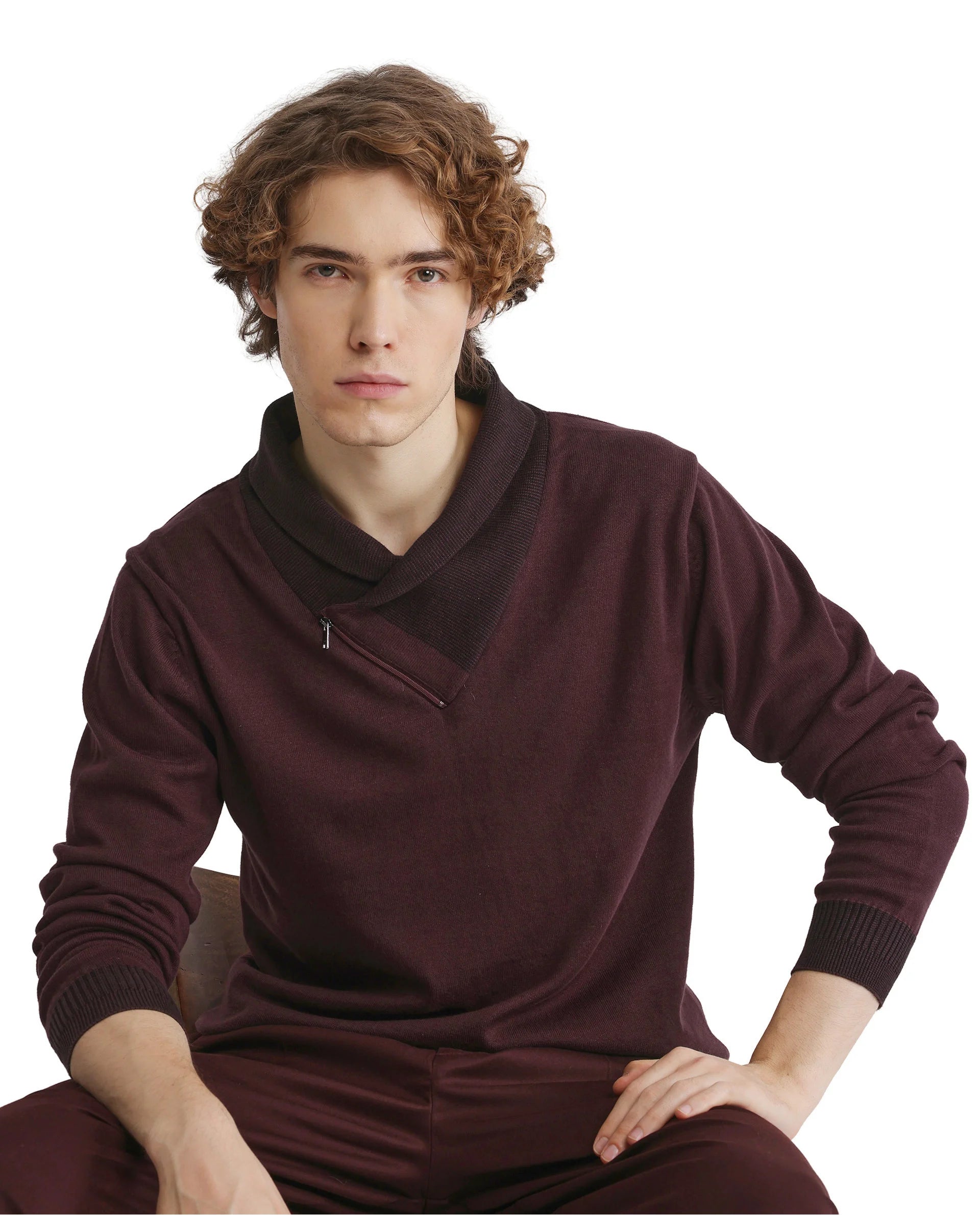 Rare Rabbit Men's Lyzo Maroon Full Sleeve Cowl Neck Regular Fit Plain Sweater