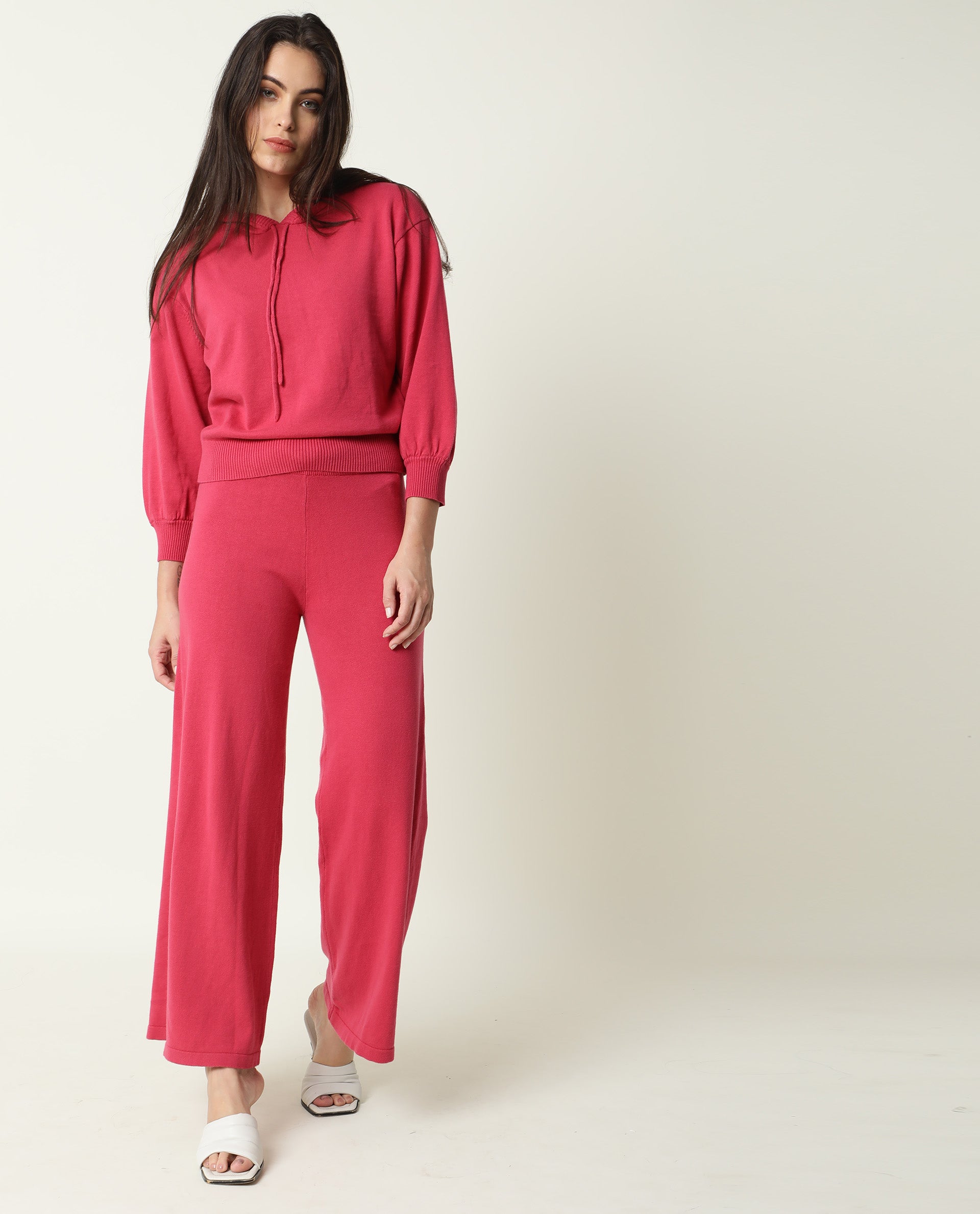 Rareism Women Finn Light Pink Cotton Fabric Straight Fit Full Sleeves Solid Hooded Track Suit