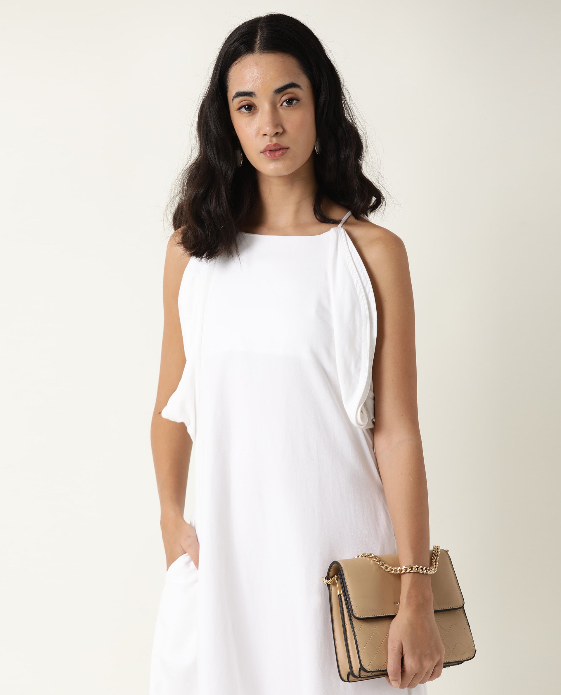 Rareism Women Acron White Round Neck Spaghetti Straps With Pockets Maxi Dress