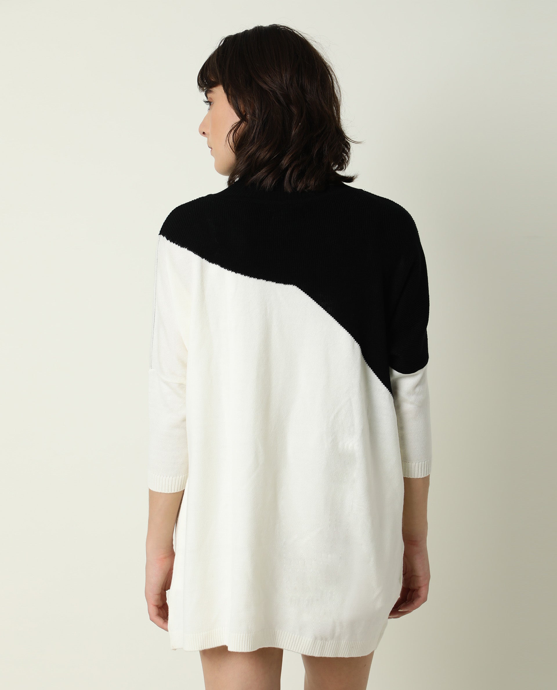 Rareism Women Spaton Black Acrylic Fabric Full Sleeves Knee Length Regular Fit Color Blocked High Neck Sweater