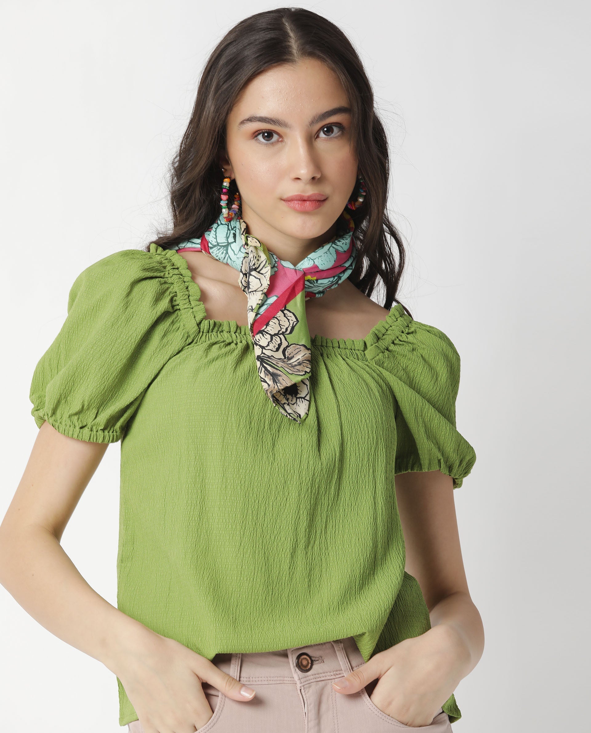 Rareism Women Swag Green Cotton Lycra Fabric Tailored Fit Square Neck Half Sleeves Solid Top