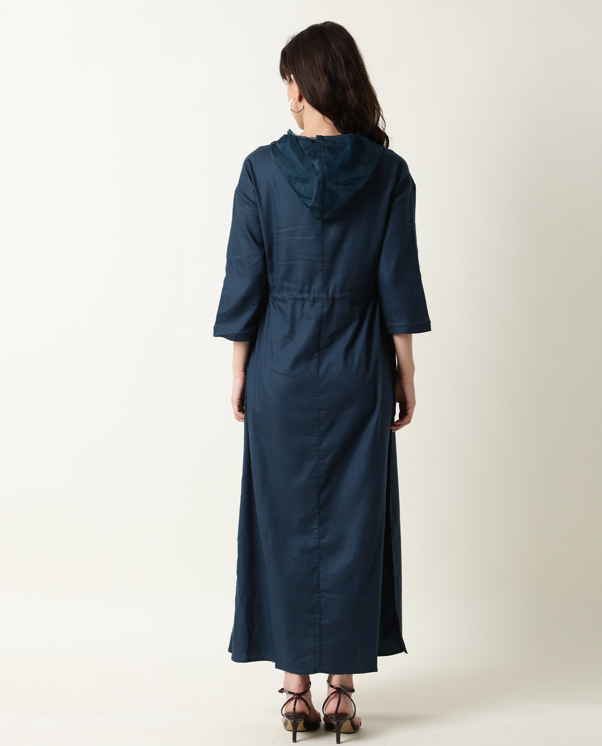 Rareism Womens Chalk Petrol Dress Tencel Fabric Hooded Long Length