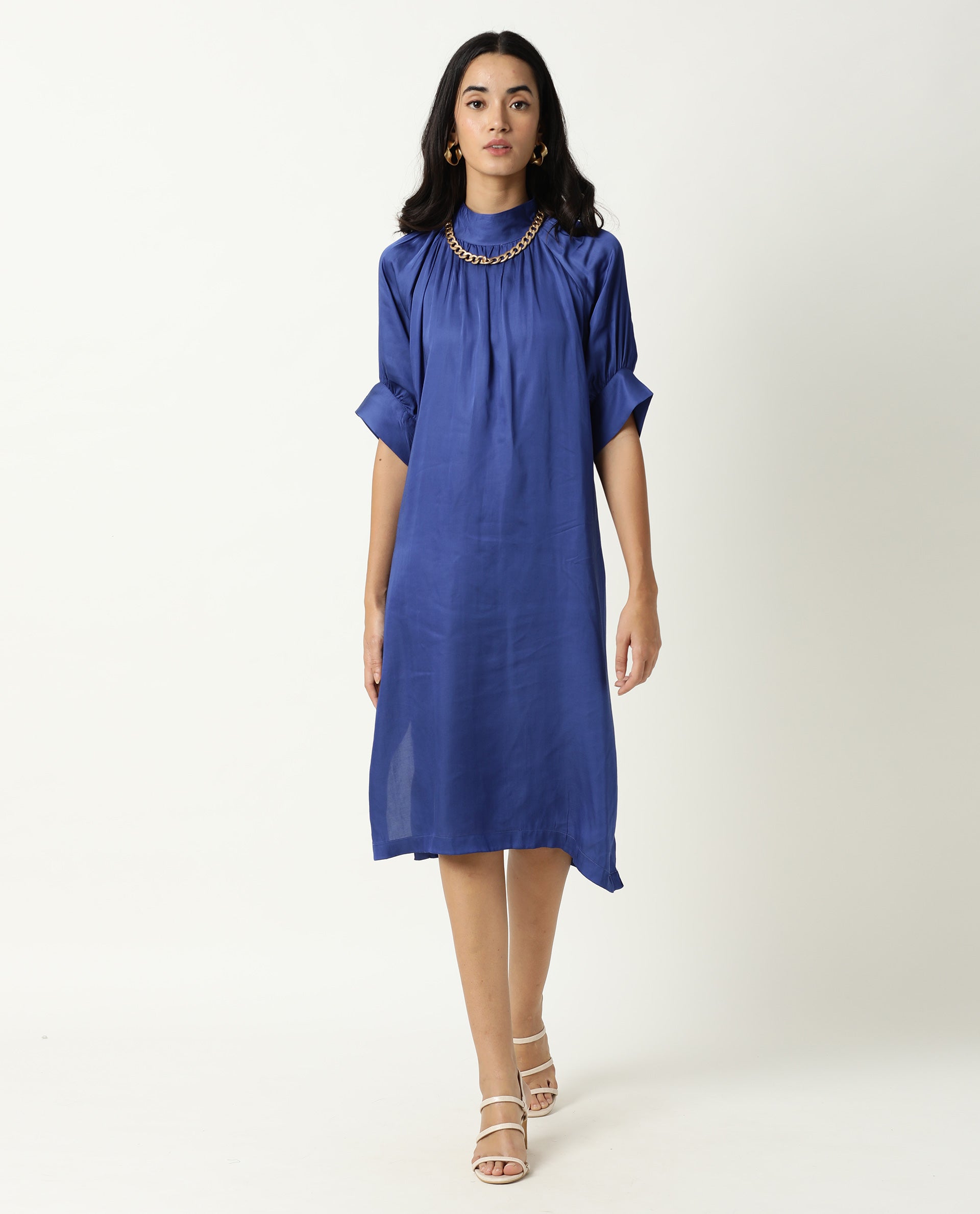 Rareism Women Shiver Dark Blue High Neck With Gathers Raglan Sleeves With Puff And Side Slit Knee Length Dress