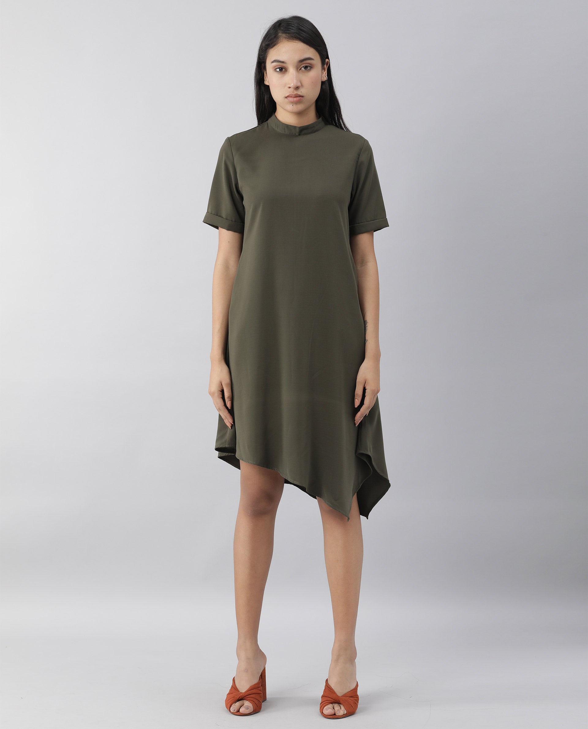 Rareism Women Savce Green Dress Short Sleeves Solid