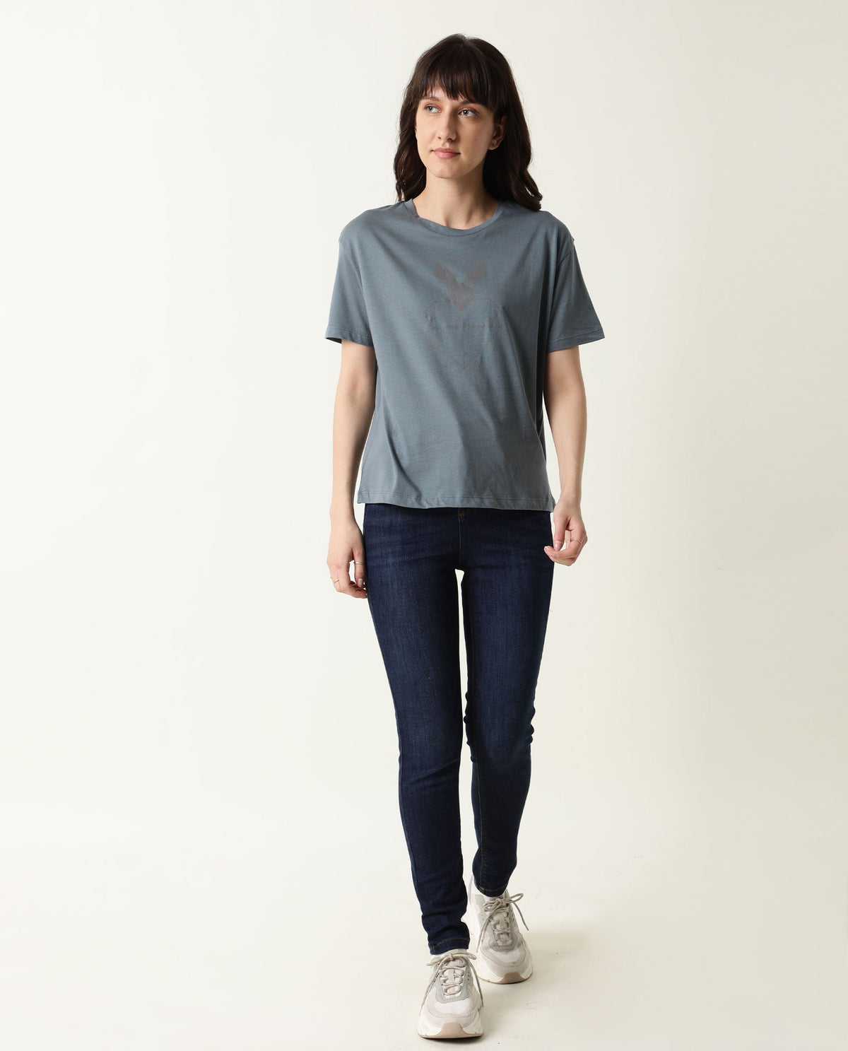 Rareism Women Love Grey Cotton Fabric Regular Fit Half Sleeves Graphic Print Crew Neck T-Shirt
