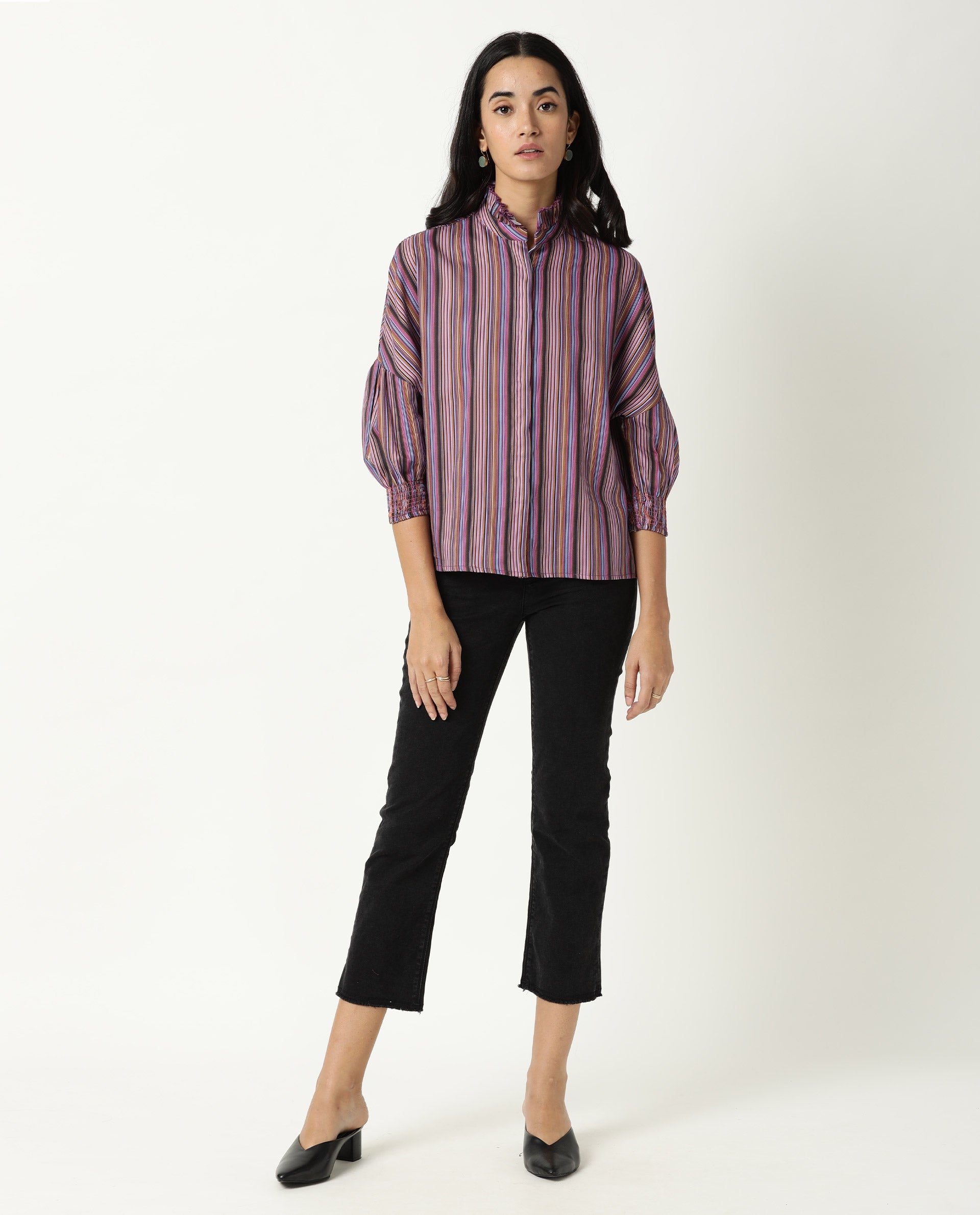 Rareism Womens Pari Multi Top Cotton Fabric Regular Fit Extended Sleeves Ruffled Neck