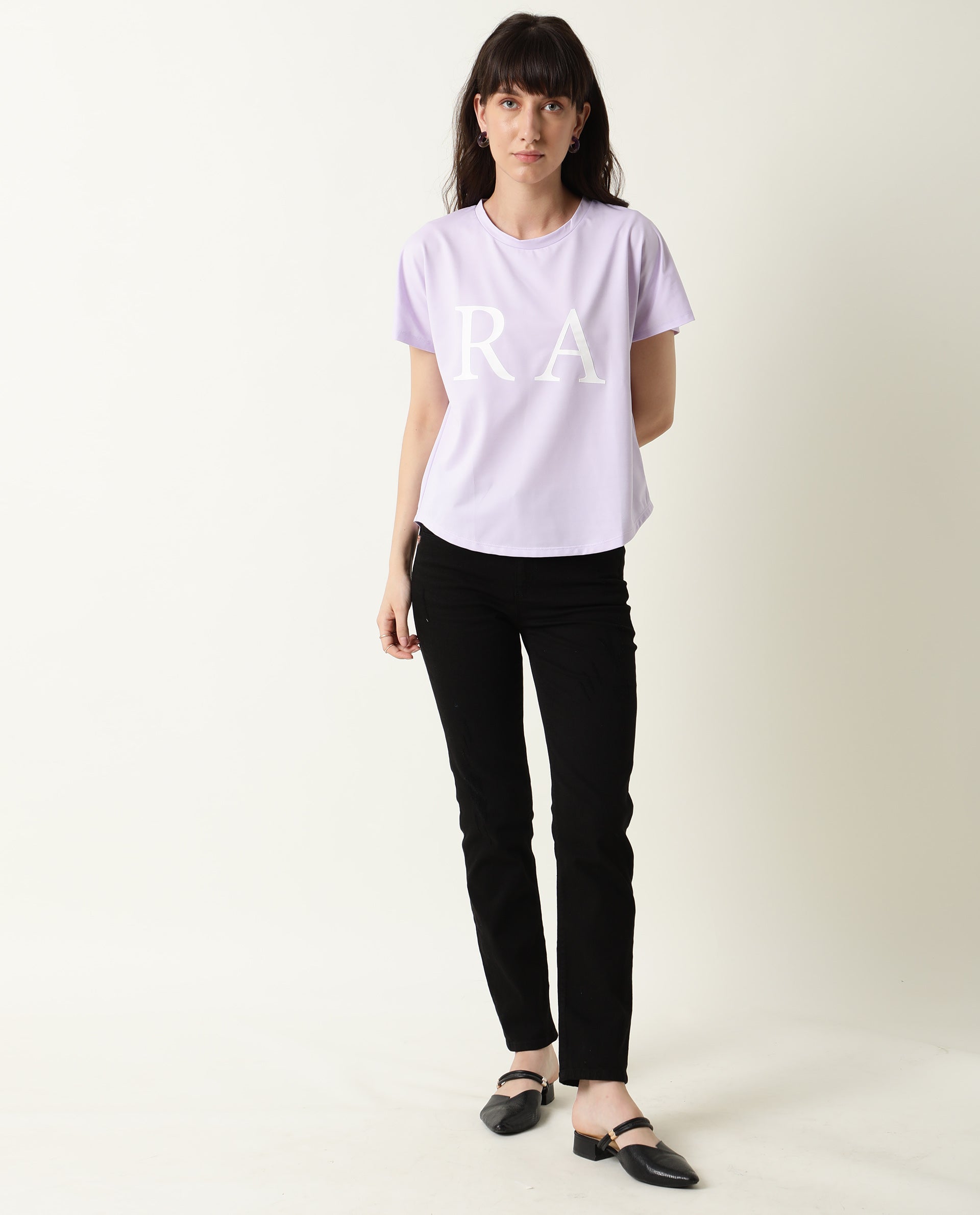 Rareism Women Zeg Light Purple Cotton Fabric Regular Fit Half Sleeves Graphic Print Crew Neck T-Shirt