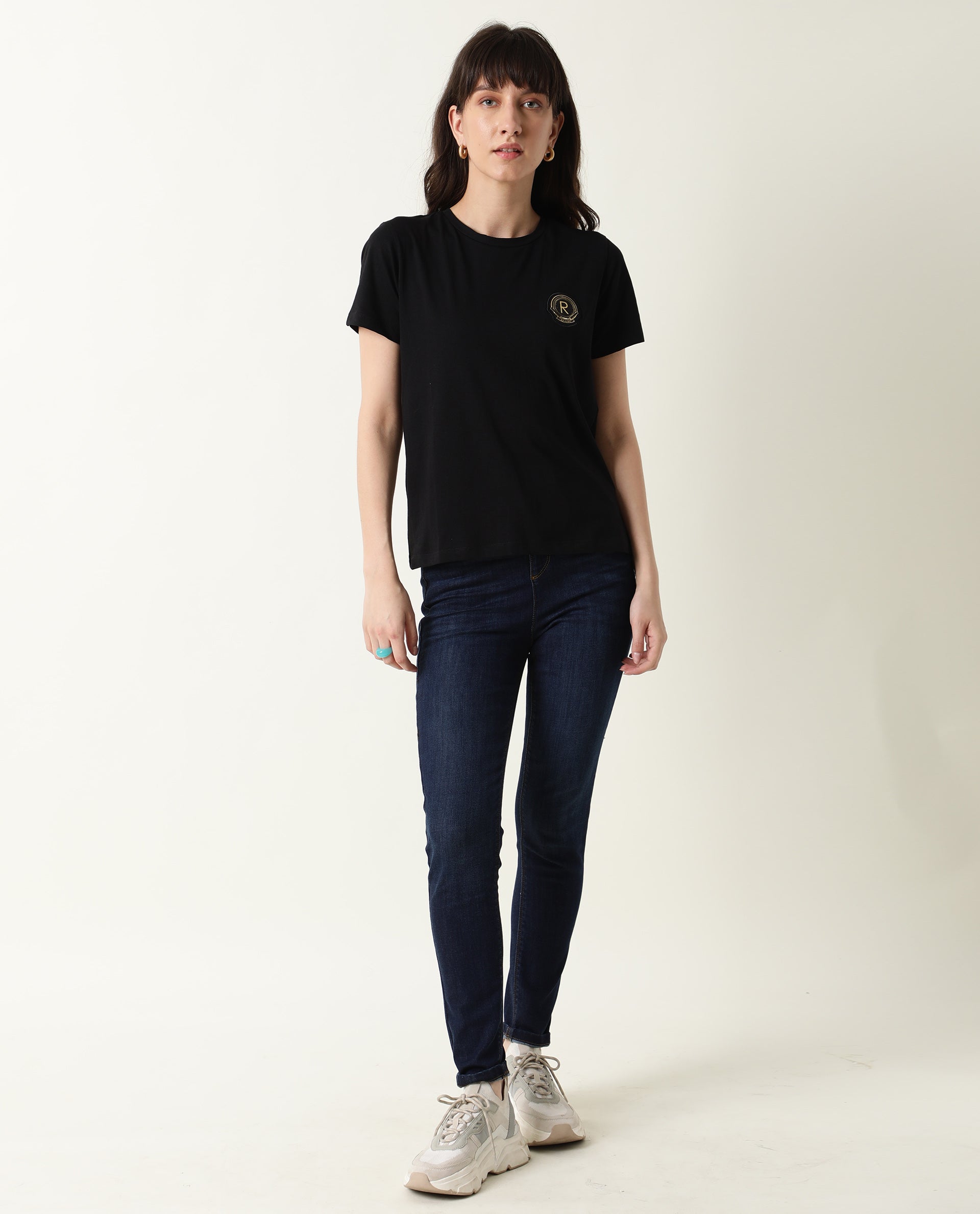 Rareism Women Fuji Black Cotton Fabric Regular Fit Half Sleeves Graphic Print Crew Neck T-Shirt