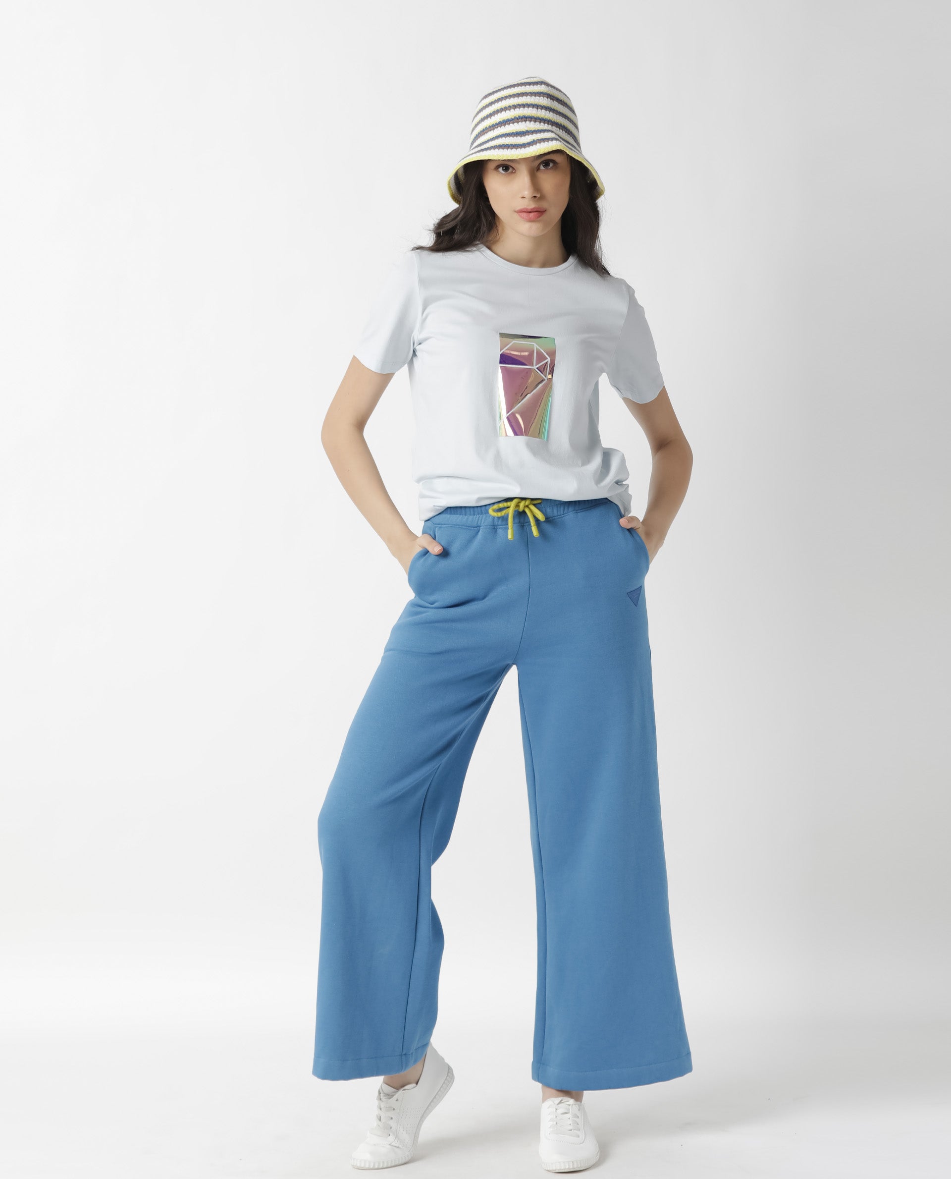 Rareism Women Gulf Pastel Blue Cotton Fabric Regular Fit Half Sleeves Graphic Print Crew Neck T-Shirt