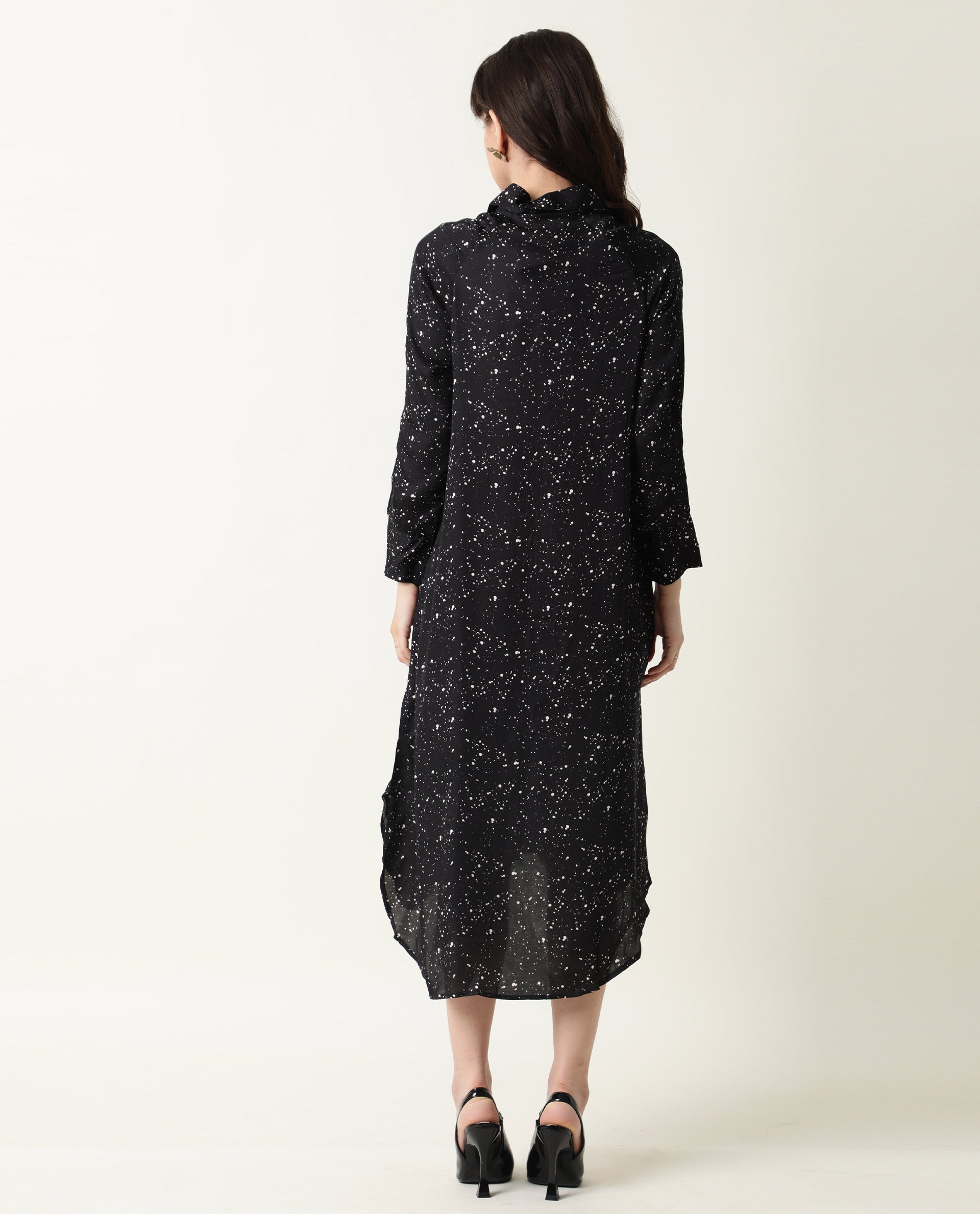 Rareism Womens Timid Black Dress Modal Fabric Regular Fit 3/4 Sleeve Collared Neck