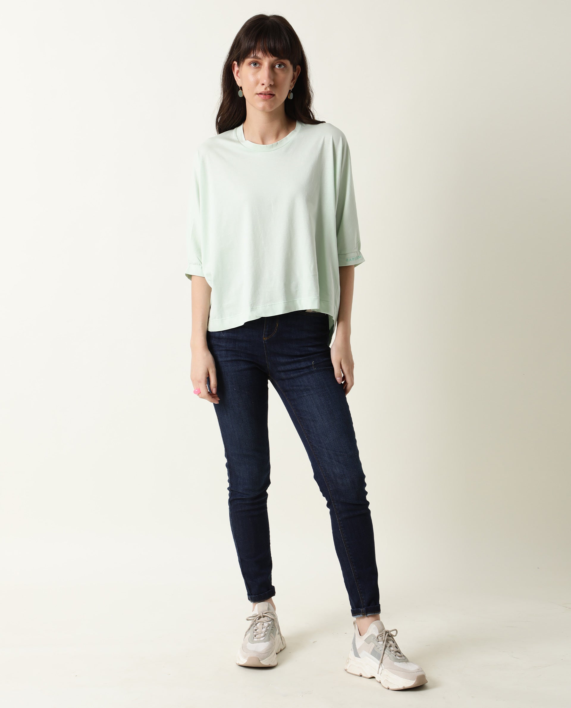 Rareism Womens Osmo Green Top Cotton Fabric Regular Fit Volume Sleeve Round Neck