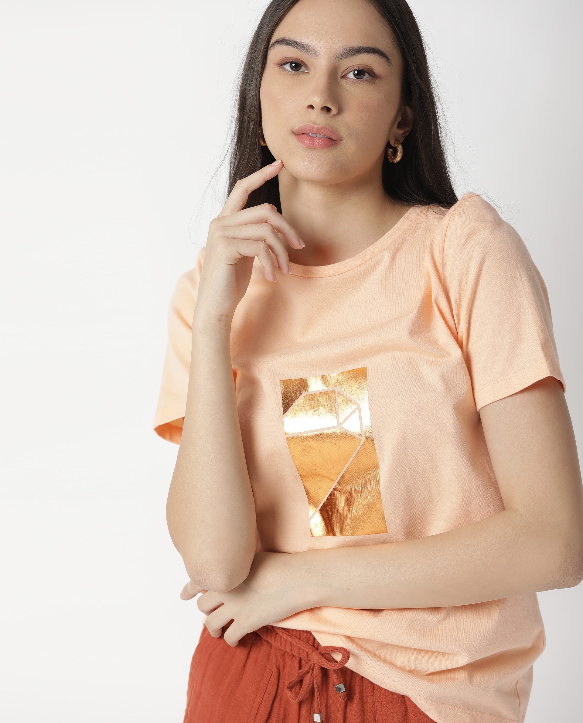 Rareism Women Gulf Light Peach Cotton Fabric Regular Fit Half Sleeves Graphic Print Crew Neck T-Shirt