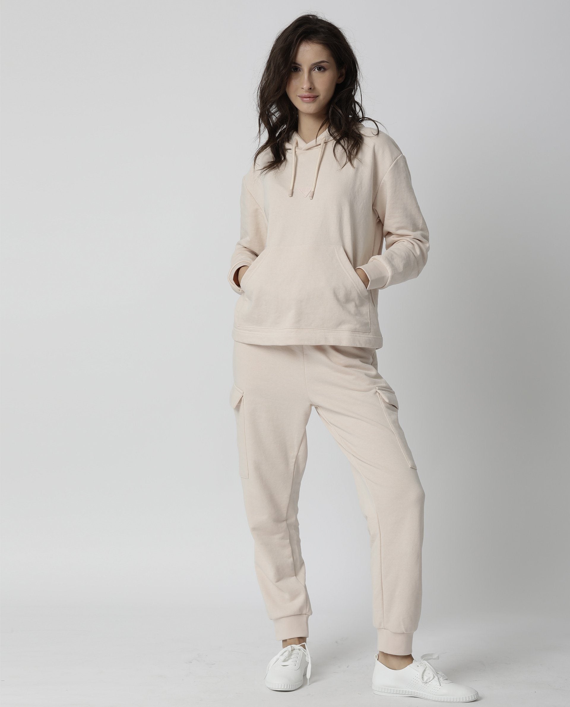 Rareism Women Nush Beige Cotton Poly Fabric Tailored Fit Solid Mid Rise Ankle Length Track Pant