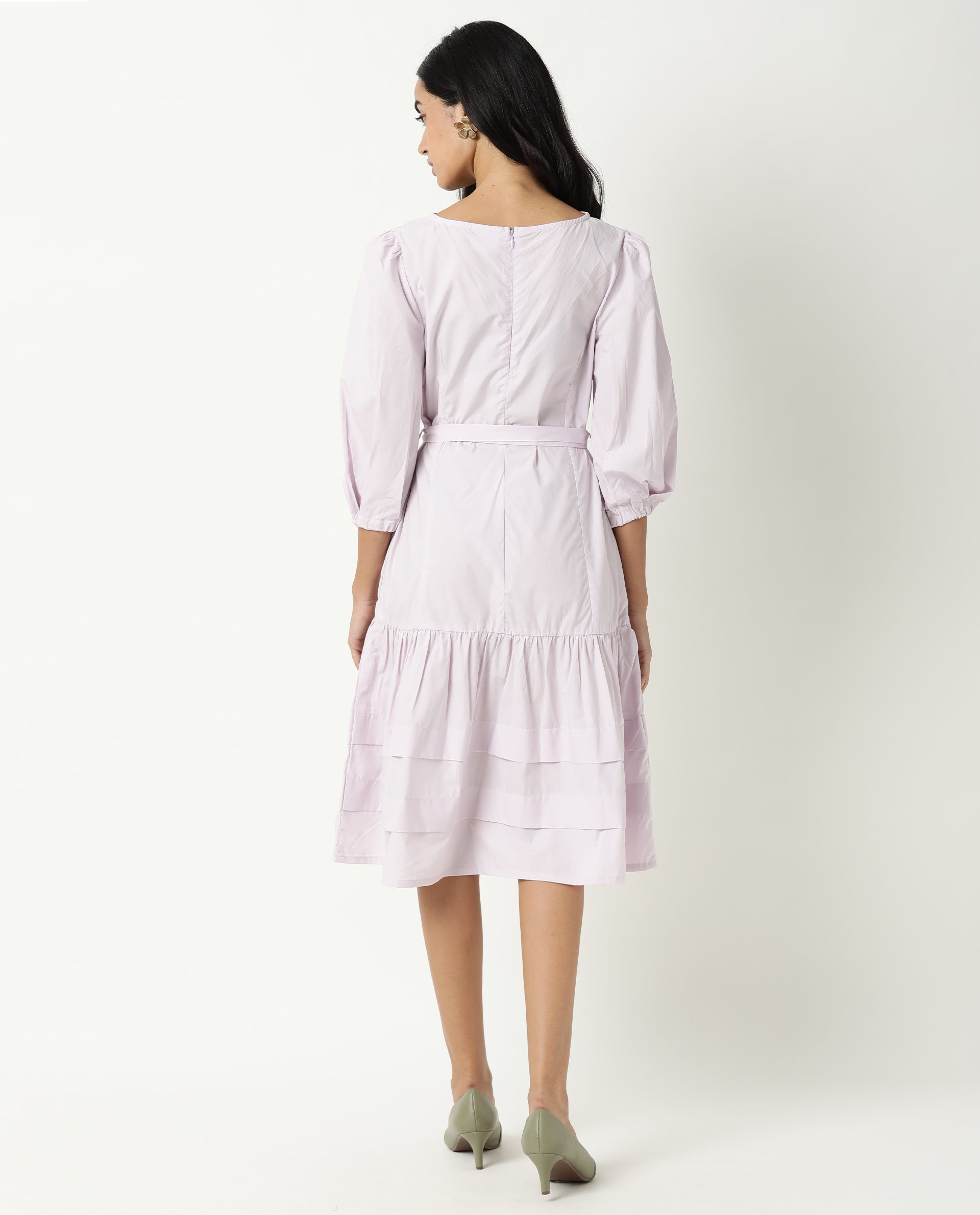 Rareism Women Hay Pastel Purple Boat Neck Puff Sleeves With Fabric Waist Belt And Back Zip Closure Midi Dress